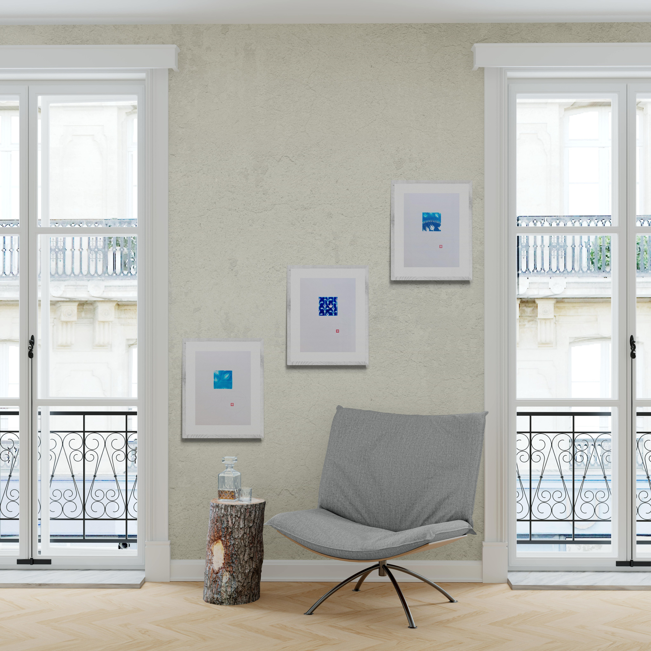 Decorative floral artwork in blue and white by Nadia Kuprina, limited edition digital print inspired by 1950s Scandinavian design and hand-painted ceramics, available on SaatchiArt.