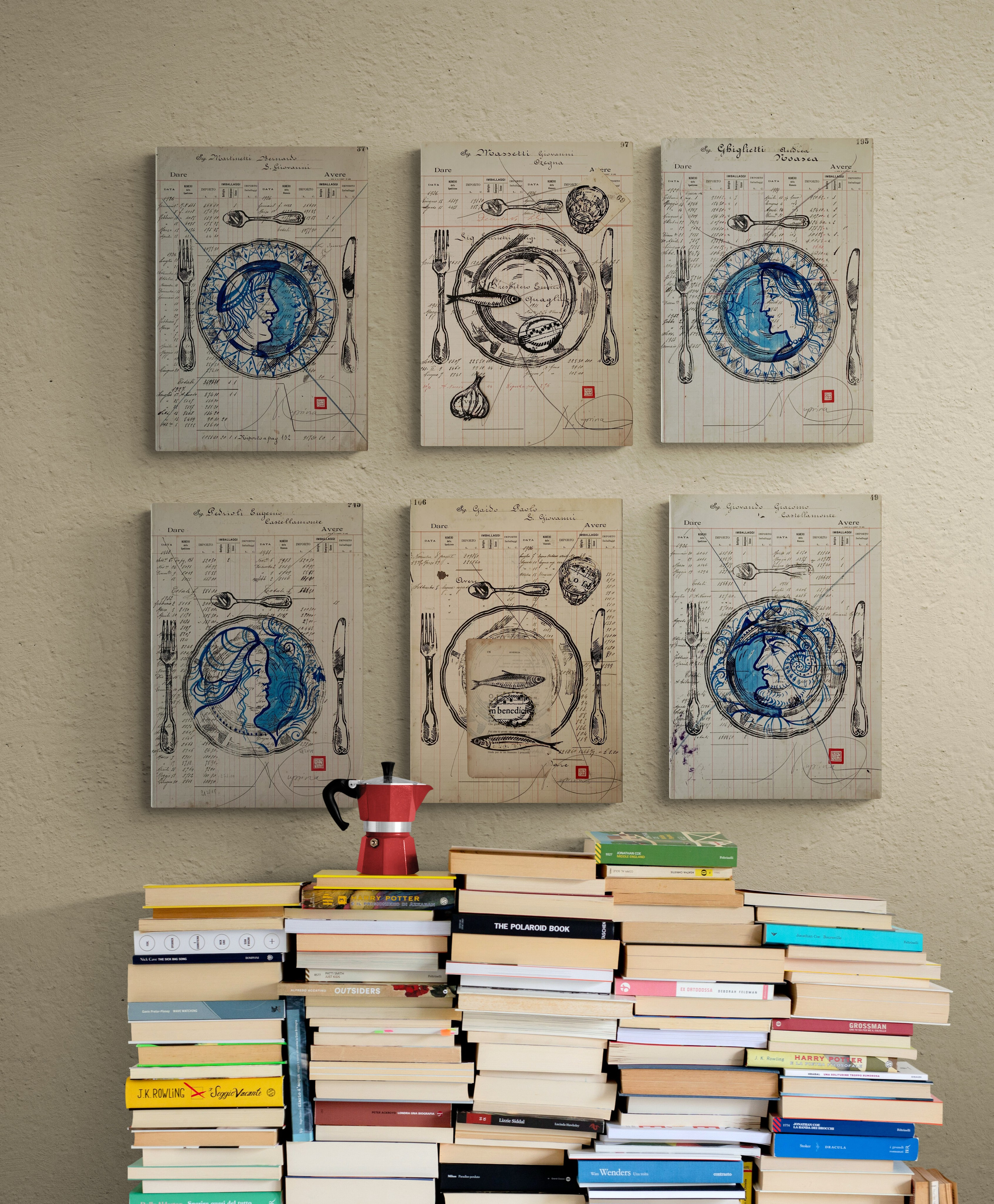 Nr. 49 PANEM QUOTIDIANUM. 29.5 cm  x 43 cm Linoleografia stampata a mano su pagina di un registro di un’azienda vinicola del 1920. Inchiostro acrilico.