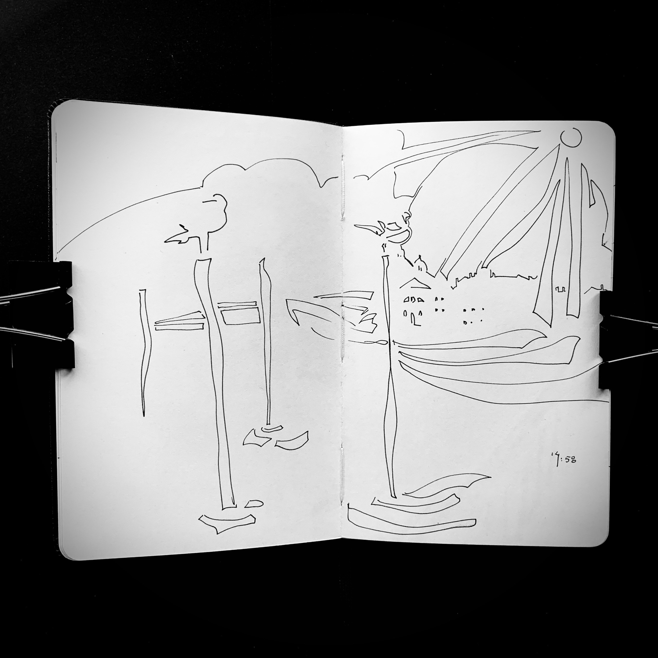 Moleskine notebook with hand-drawn sketches made in Venice, showcasing Nadia Kuprina’s exploration of drawing and the tactile experience of a personal sketchbook. Seagulls in the sun.