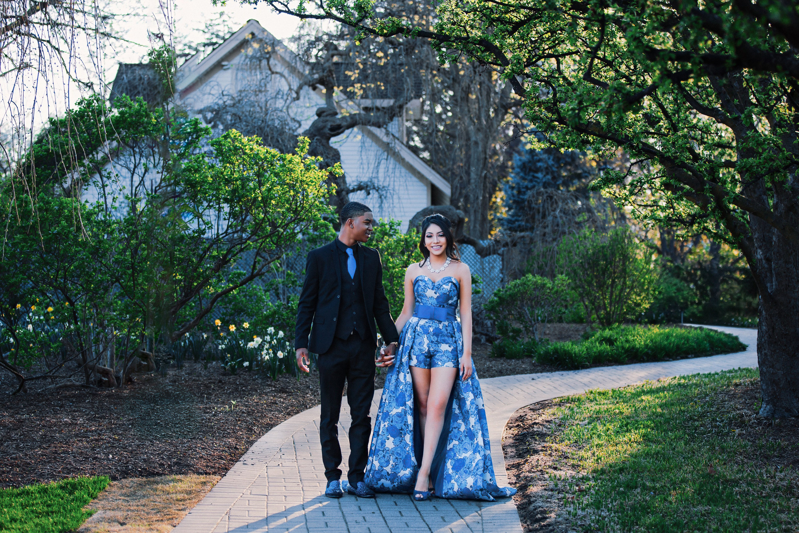 Editorial prom and formal session photography on outdoor staircase in Indianapolis