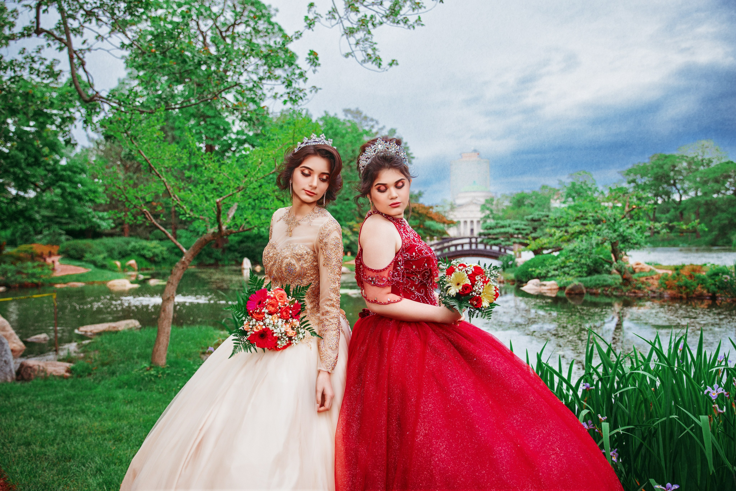 Fine art double quinceañera session in garden setting by Gabby Aguirre Photography