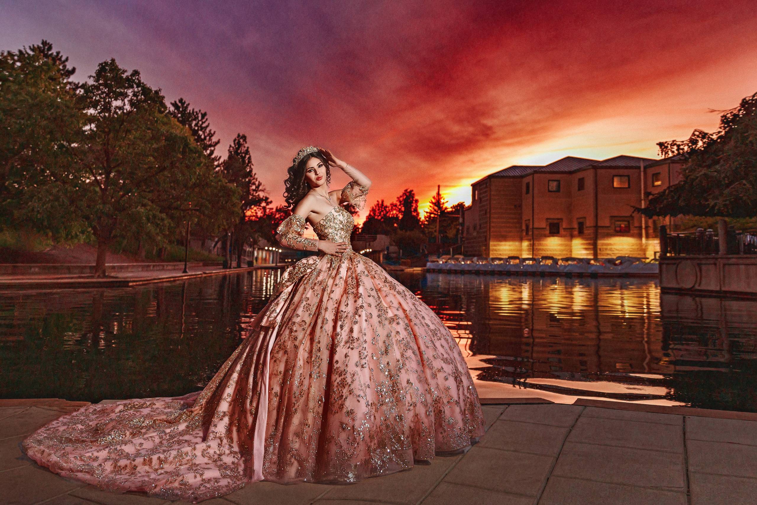 Fine art quinceañera portrait at sunset along the Downtown Canal Walk Indianapolis