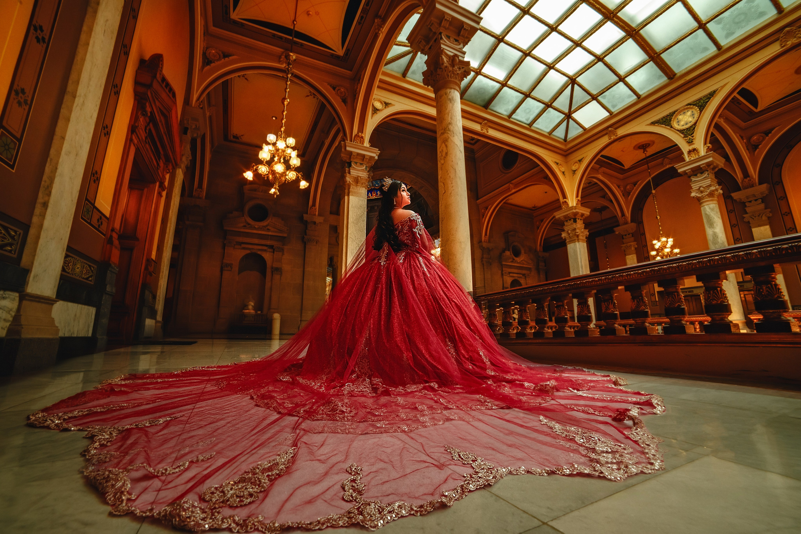 Luxury fine art quinceañera portrait inside Indiana State Capitol rotunda Indianapolis