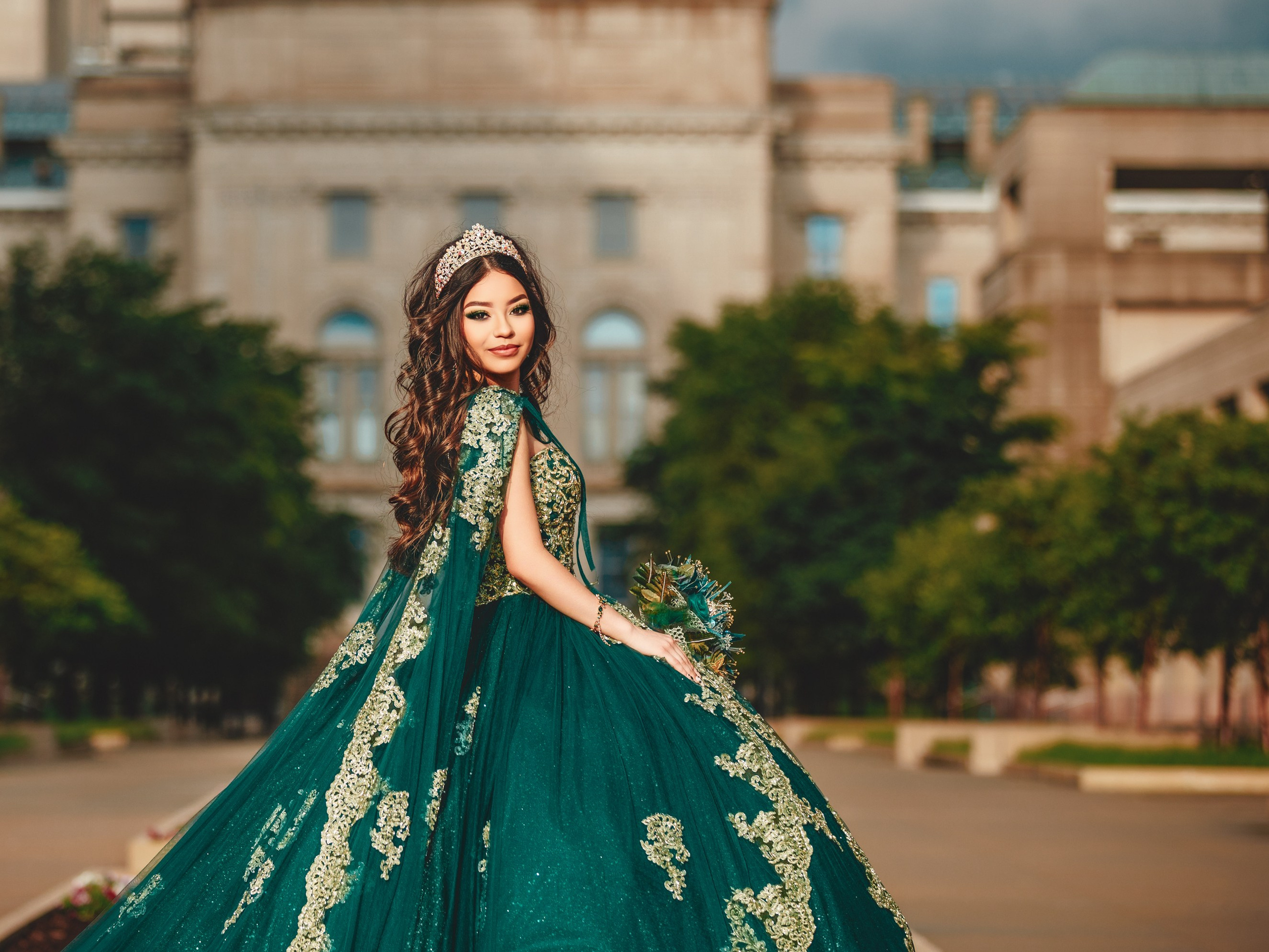 Cinematic quinceañera portrait in Downtown Indianapolis near the Indiana Statehouse by Gabby Aguirre Photography