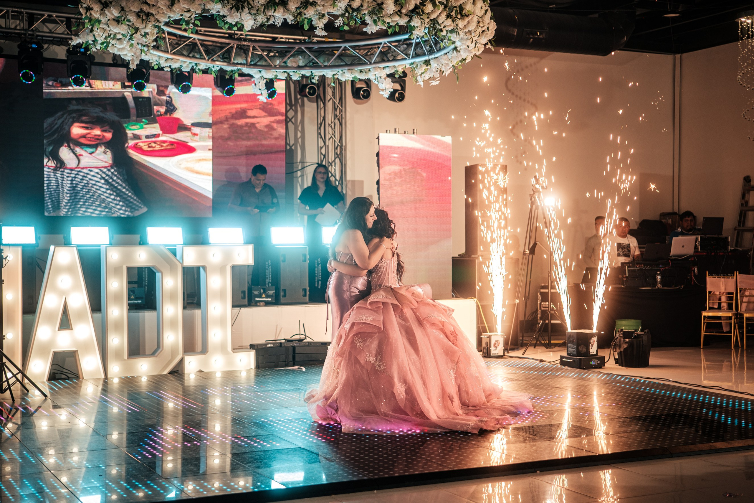 Illuminated marquee letters and low-lying fog effect on dance floor at Star Events