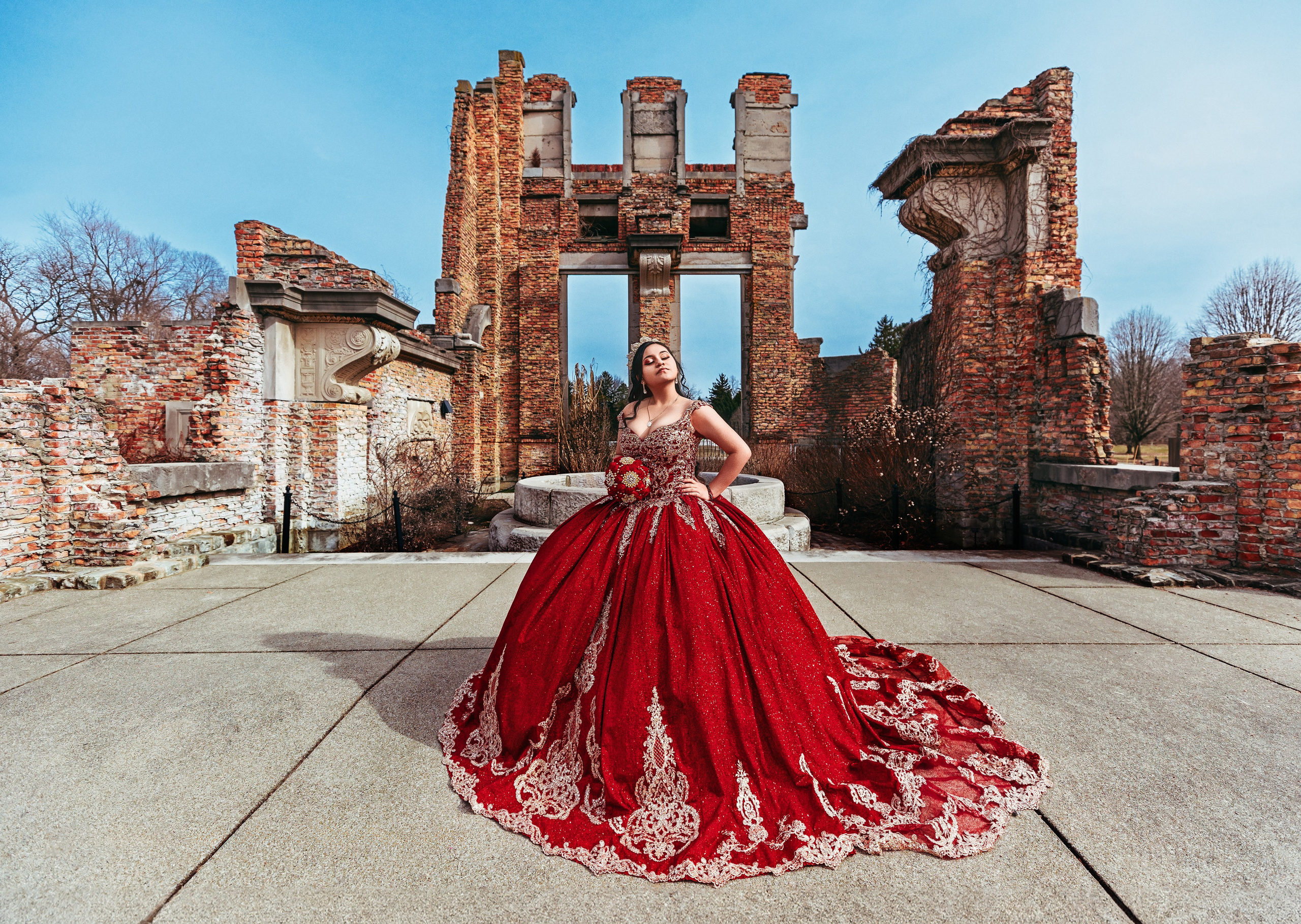 Dramatic fine art quinceañera session at Holliday Park Ruins Indianapolis