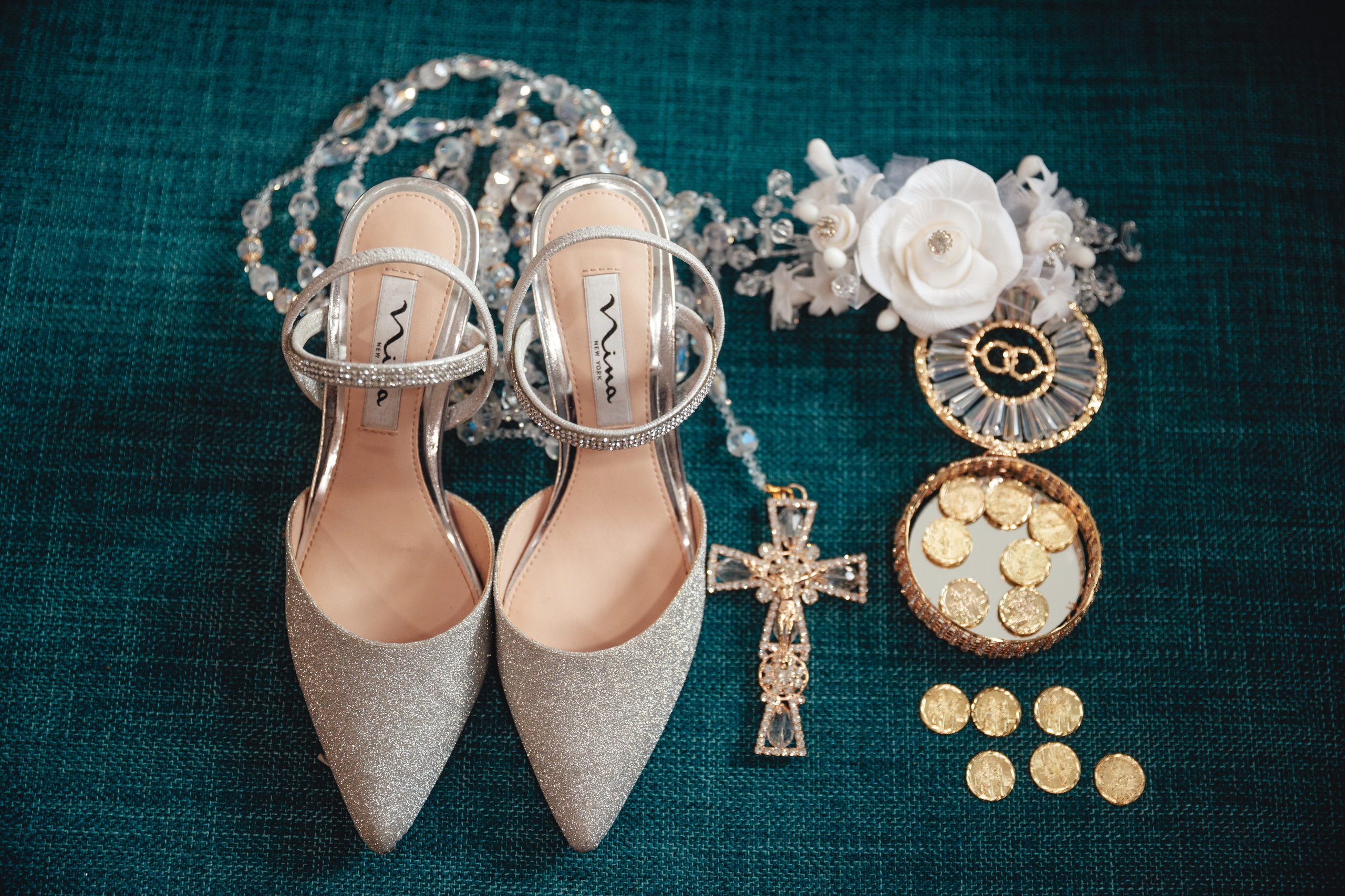 Fine art bridal details with heirloom rosary and wedding shoes Indianapolis