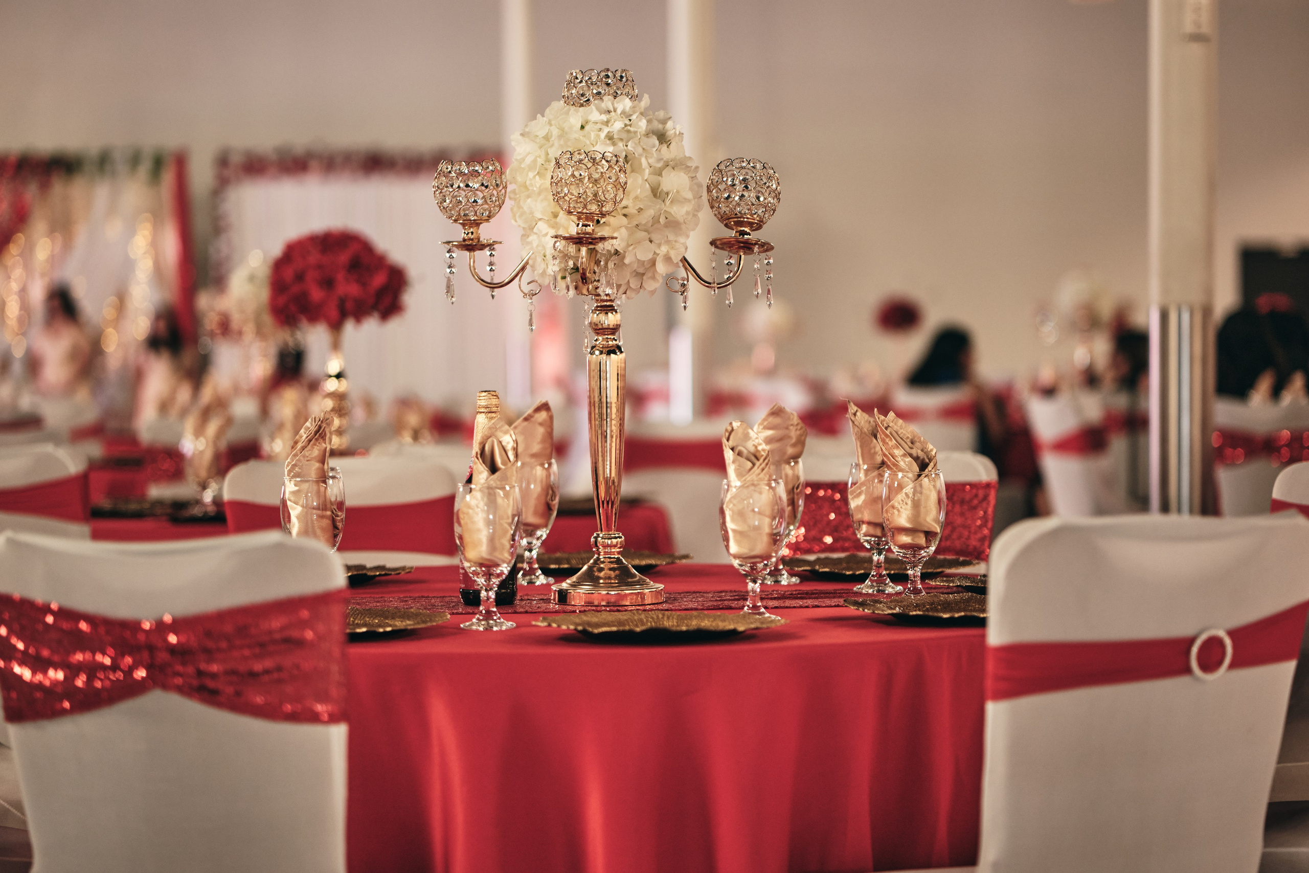 Decoración en rojo de Blue Moon Events capturada por Gabby Aguirre Photography en Indiana.