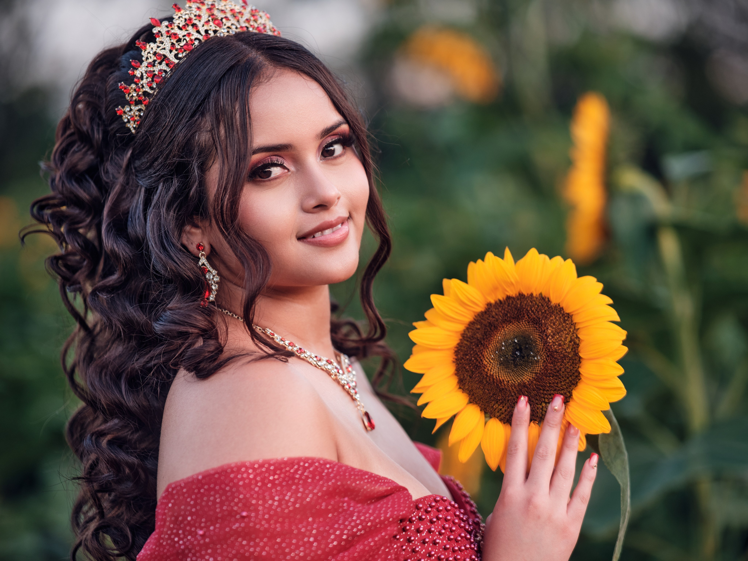 Editorial quinceañera portrait with sunflower and floral headpiece Indianapolis