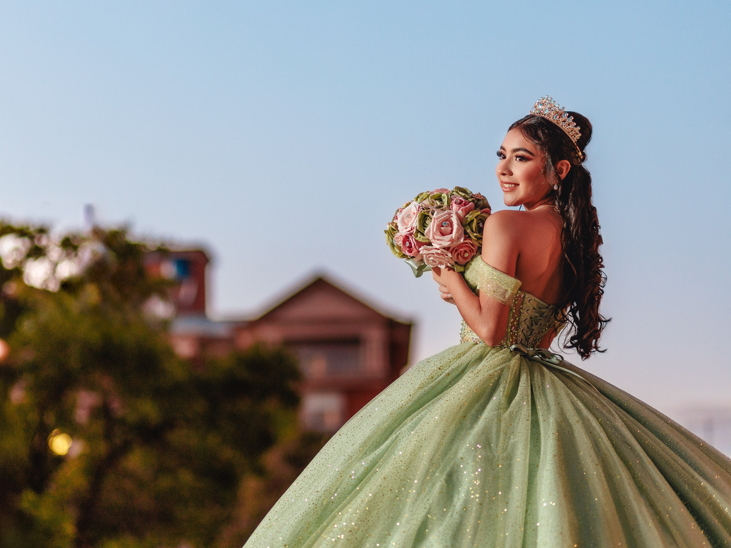 Outdoor fine art quinceañera photoshoot in soft green dress Central Indiana