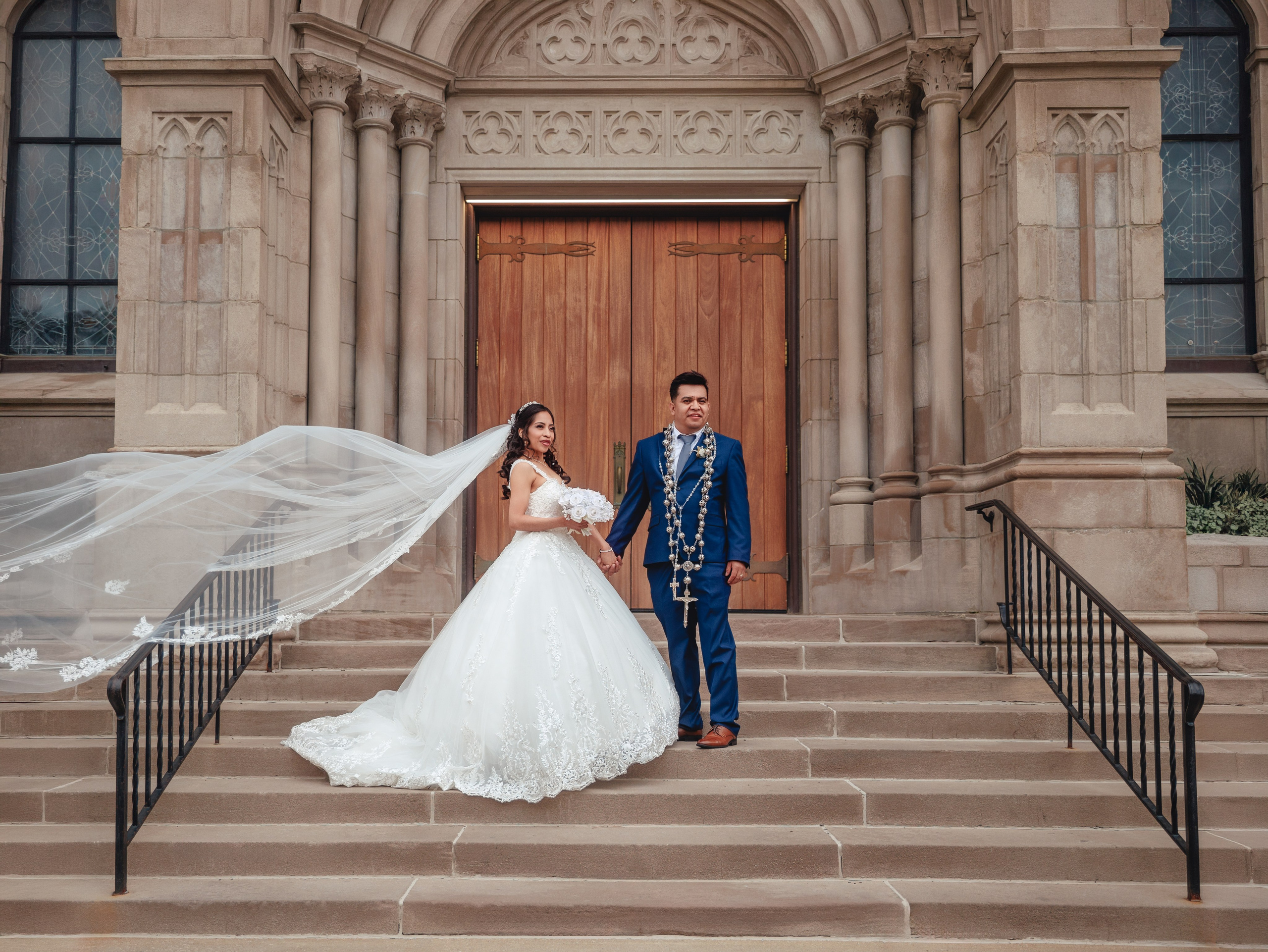 Dramatic fine art wedding portrait outside St Mary Catholic Church Indianapolis