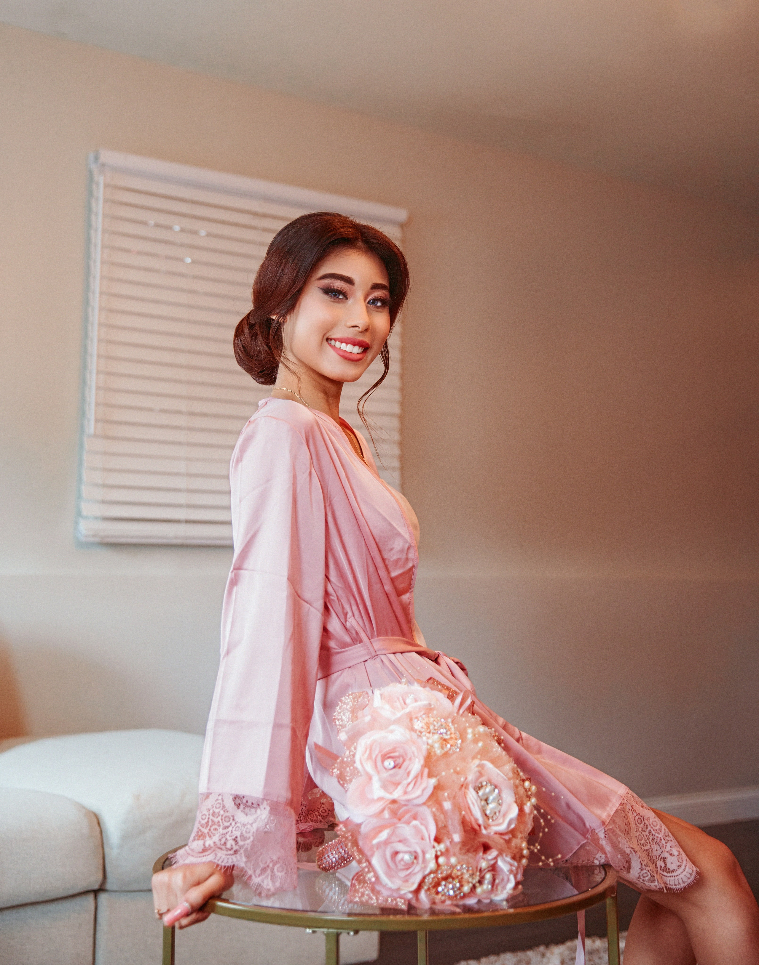 Editorial bridal robe portrait of quinceanera before celebration