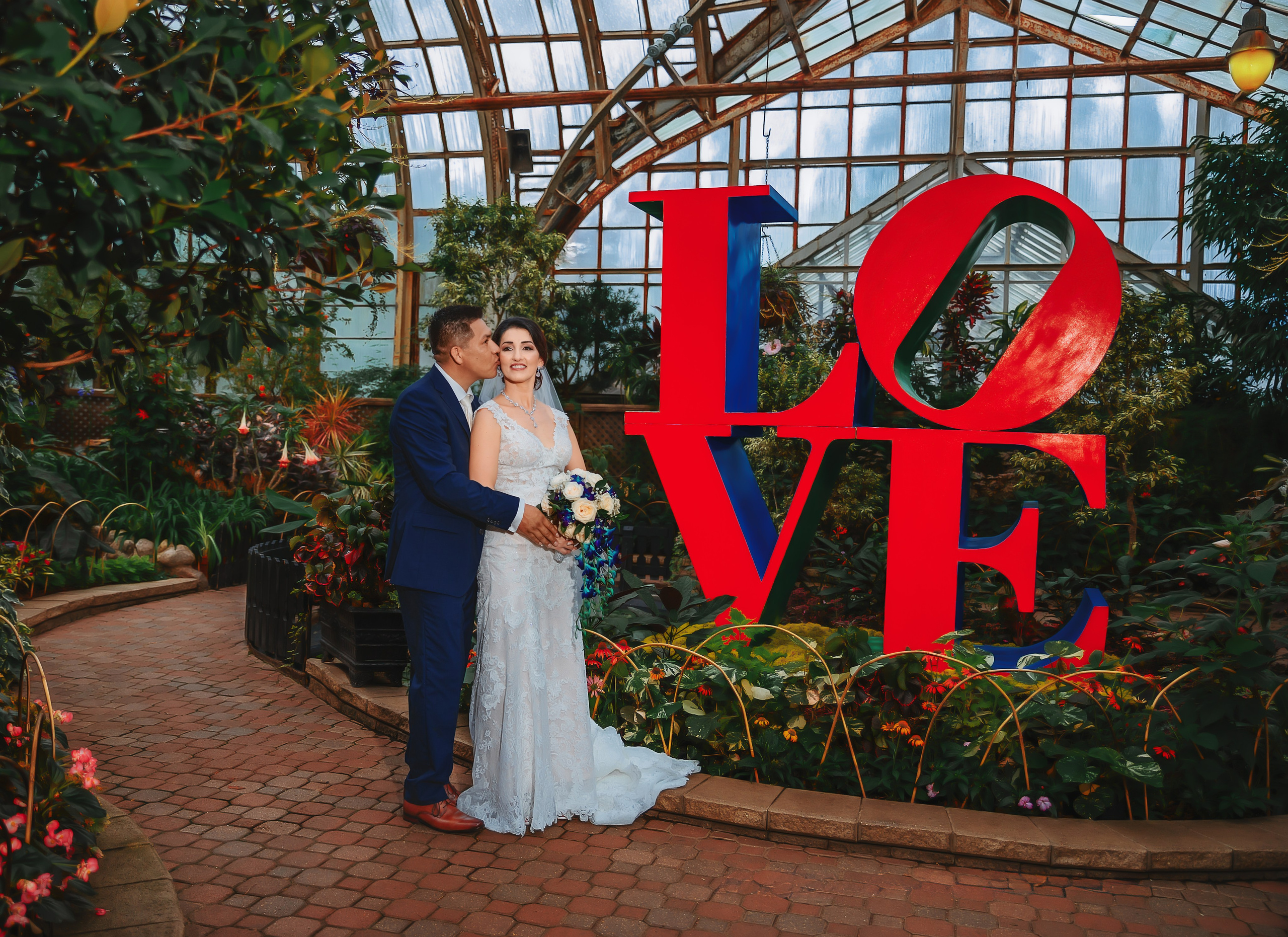 Romantic wedding couple portrait inside Garfield Park Conservatory Chicago