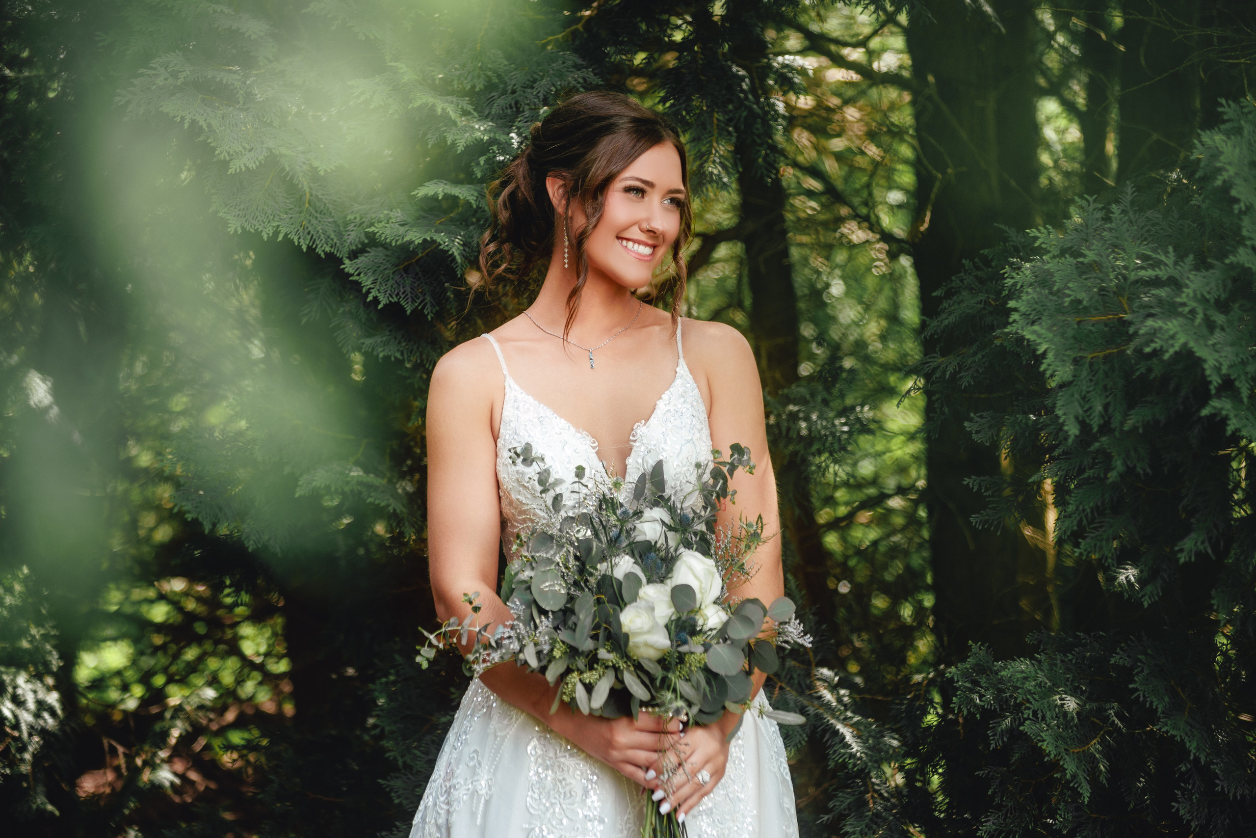 Fine art bridal portrait in natural forest setting Central Indiana
