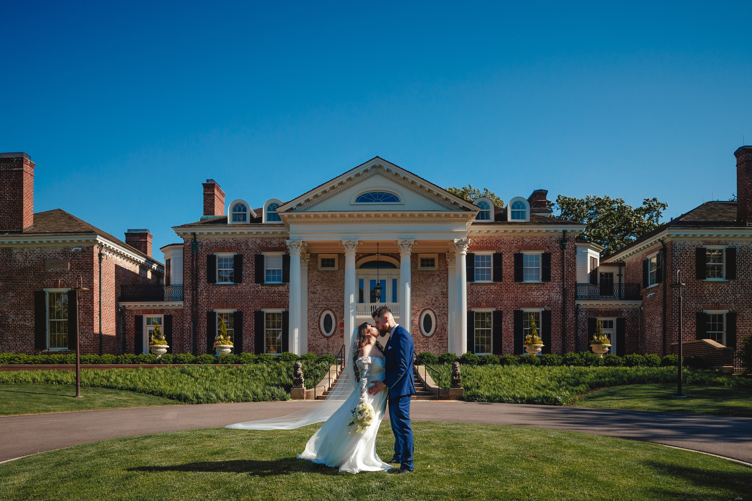 Cinematic destination wedding couple at historic estate Cantigny Park Illinois