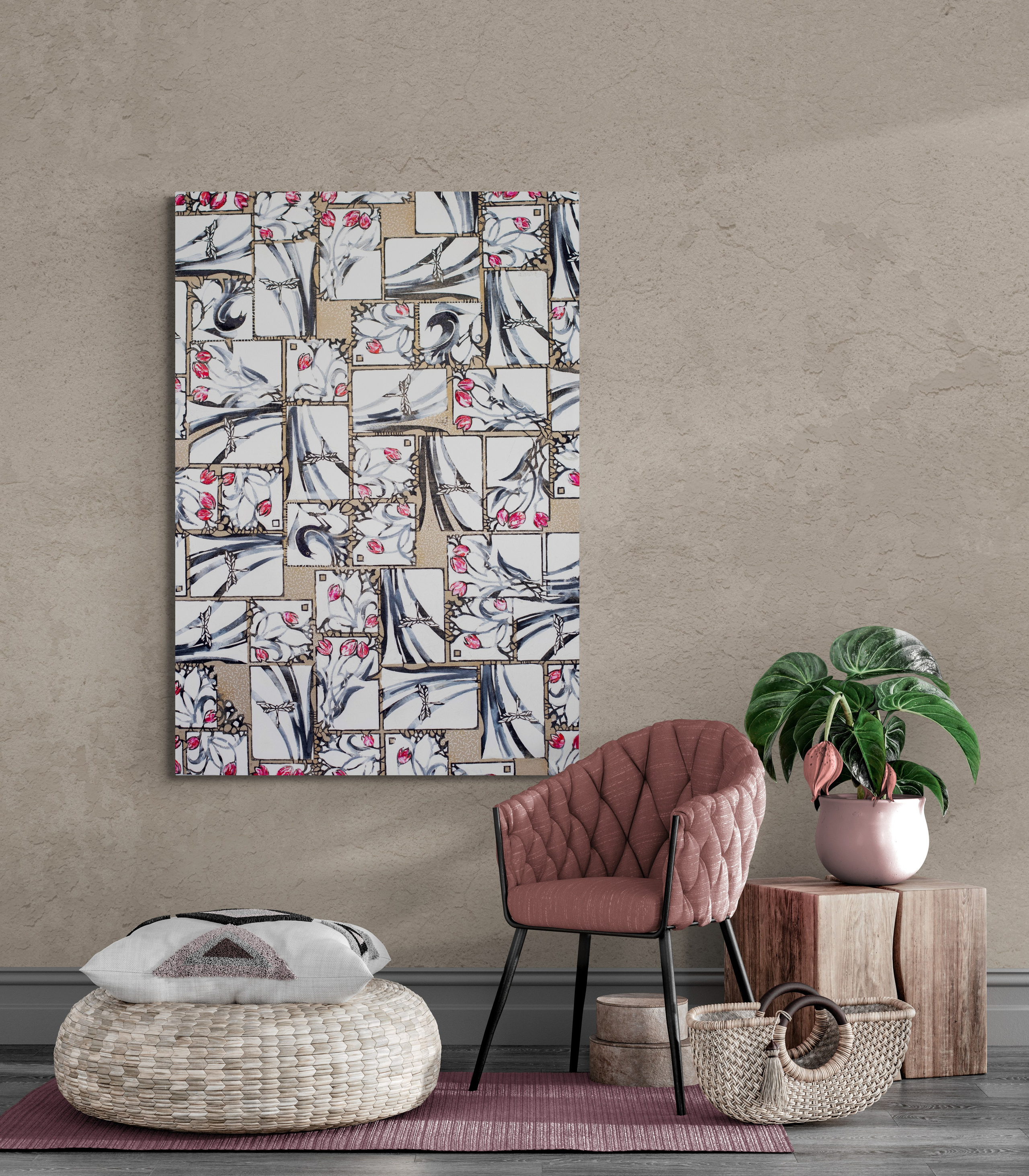 Opera di grande formato “Merli e Tulipani”, 90×130 cm, tecnica mista complessa su tela con linoleografia, ricamo e olio materico, pattern decorativo riconoscibile, forte identità visiva, lavoro adatto a collezione e investimento.