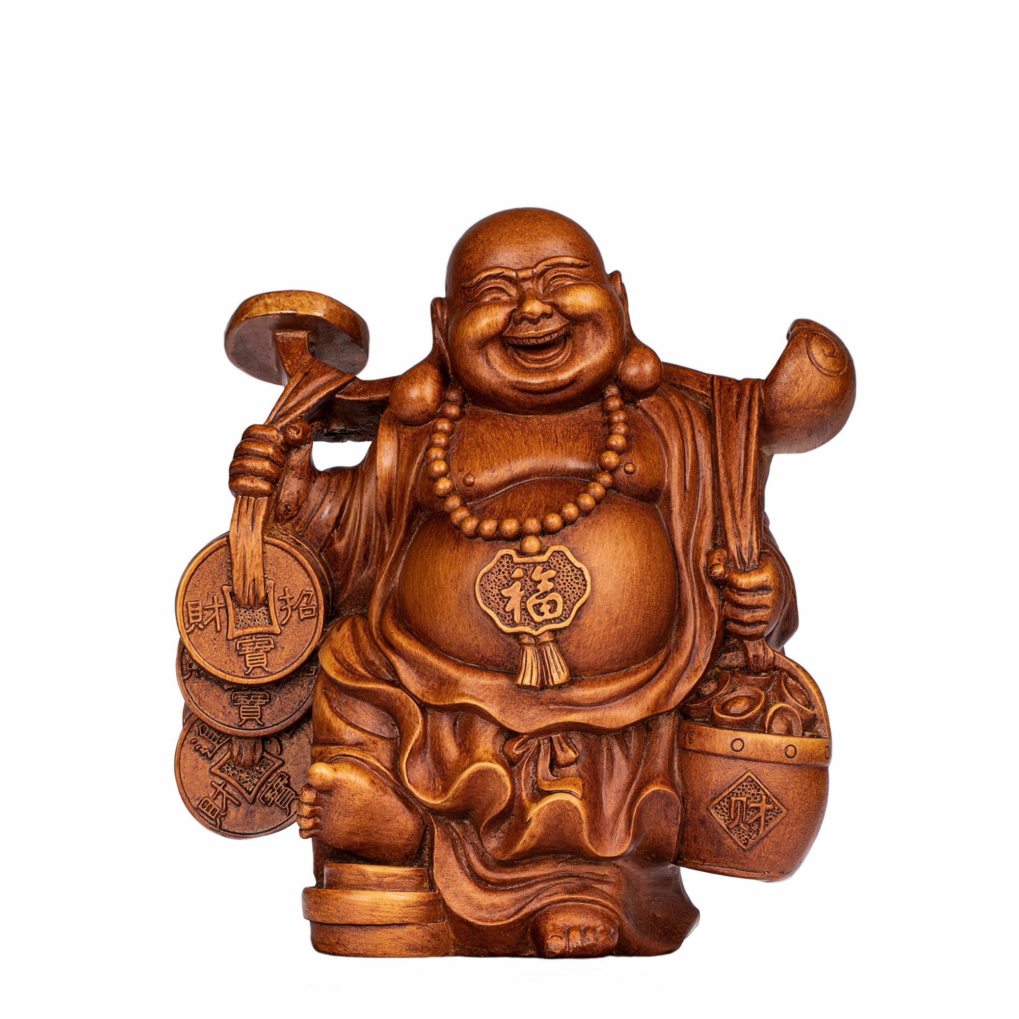 Hand carved wooden Hotei Buddha statue holding coins and treasure bag isolated on white background. Symbol of happiness and prosperity.