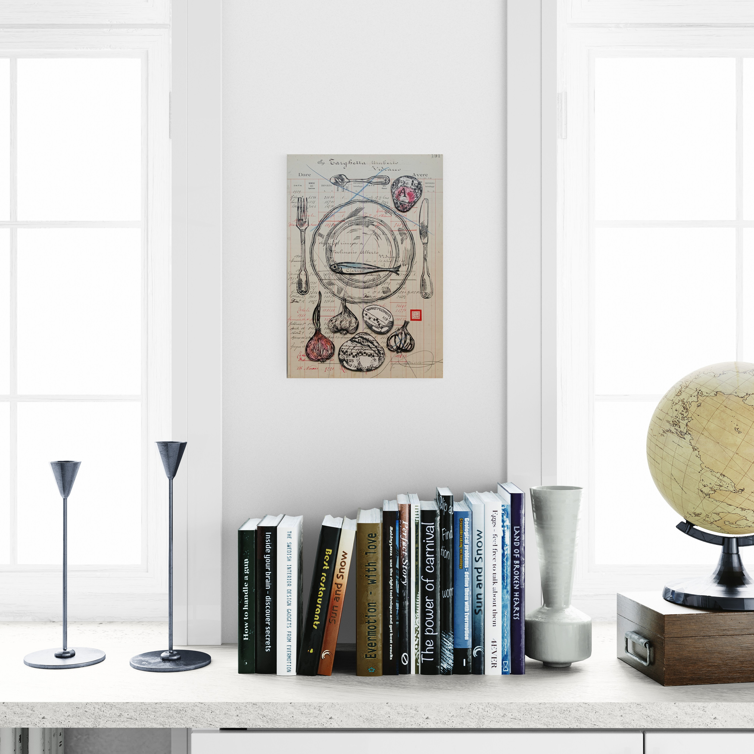 Panem Quotidianum di Nadia Kuprina nasce da un antico registro contabile piemontese (1918–1930) proveniente da un’azienda vinicola. Ogni opera prende il nome dal numero di pagina originale, dove erano annotati clienti e acquisti. Su questi fogli carichi di memoria, Nadia Kuprina interviene stampando a mano piatti e posate in linoleografia, trasformando un documento economico in un rito visivo dedicato al pasto condiviso. L’opera riflette sulla tradizione gastronomica italiana, sulla gratitudine del pane quotidiano e sul dialogo tra ricchezza spirituale e povertà materiale, trasformando l’atto del nutrirsi in un gesto di memoria e sacralità.