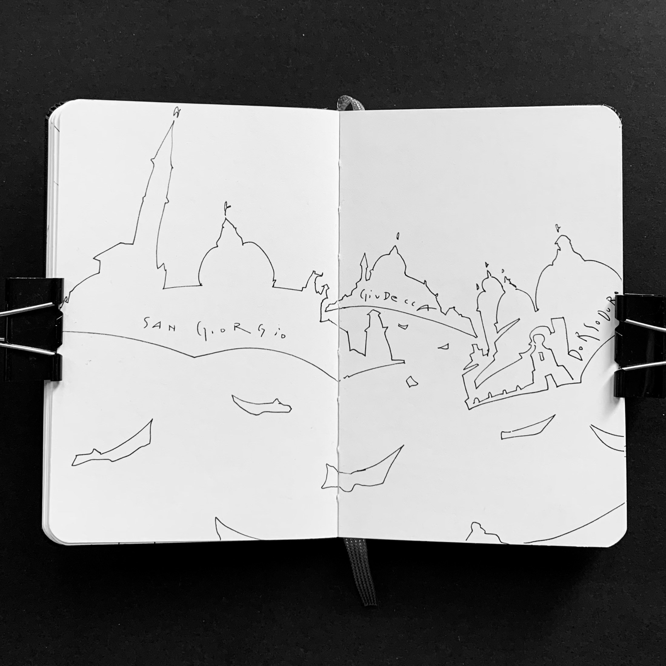 Moleskine notebook with original hand-drawn works on paper created in Venice, part of Nadia Kuprina’s contemporary drawing practice. Venice view.