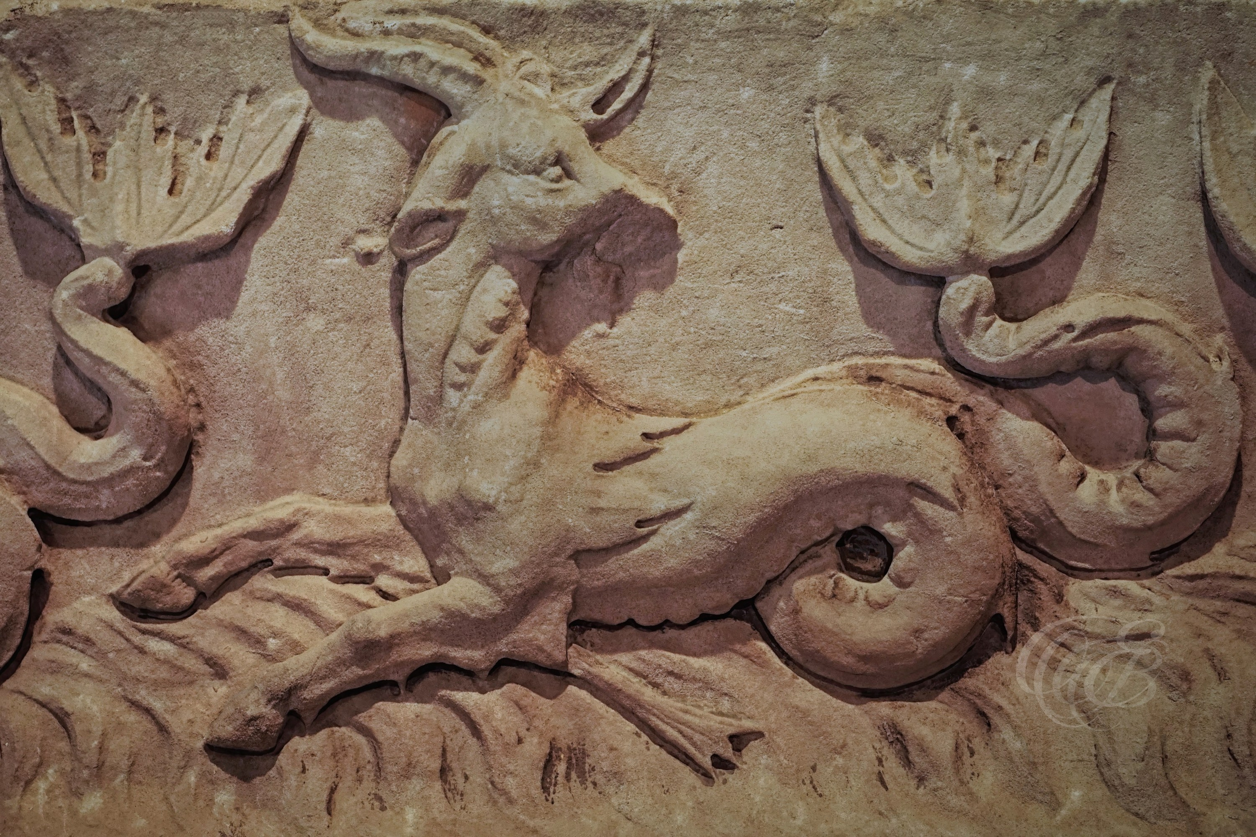 This carved relief depicts a Capricorn, a mythological creature combining the body of a goat with the tail of a fish. Frequently associated with Emperor Augustus and later adopted in Roman decorative art, the Capricorn appears in a variety of architectural and sculptural contexts, reflecting the rich symbolic language of the Roman world.