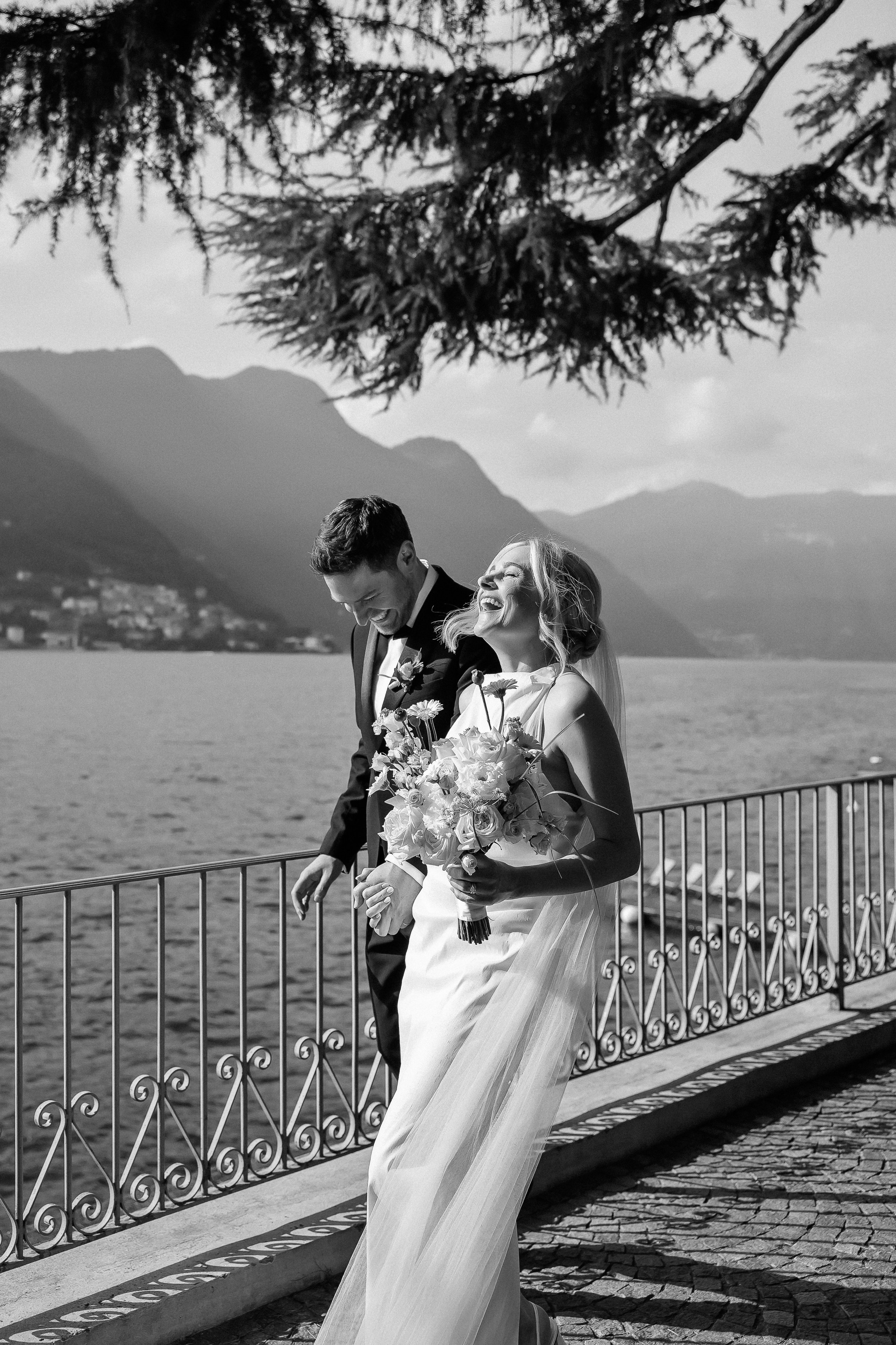 Black and white portrait of the couple at Villa Lario, Lake Como, Italy