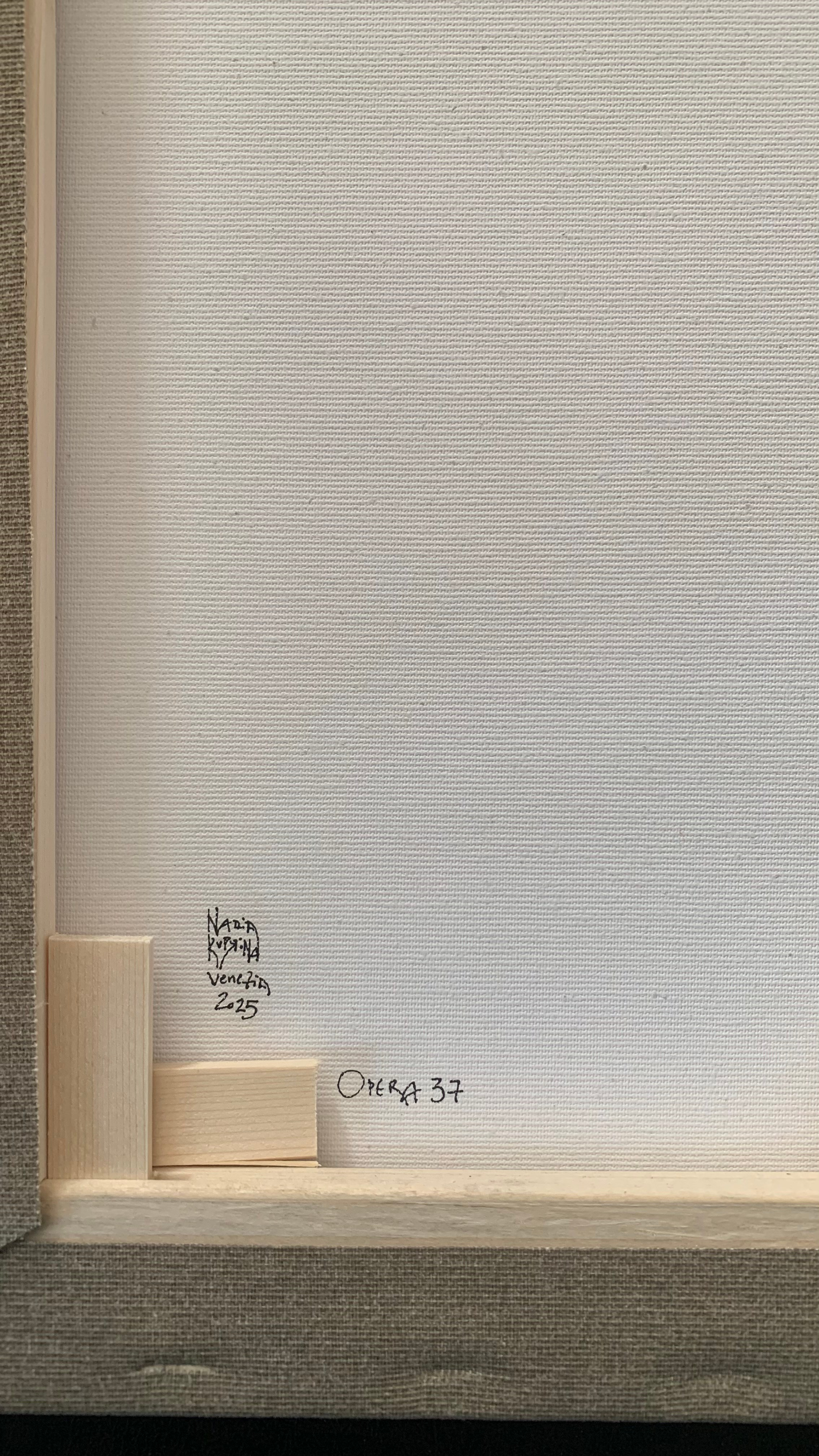 Nr. 37 PANEM QUOTIDIANUM. Retro. 29.5 cm  x 43 cm Linoleografia stampata a mano su pagina di un registro di un’azienda vinicola del 1920. Inchiostro acrilico. 