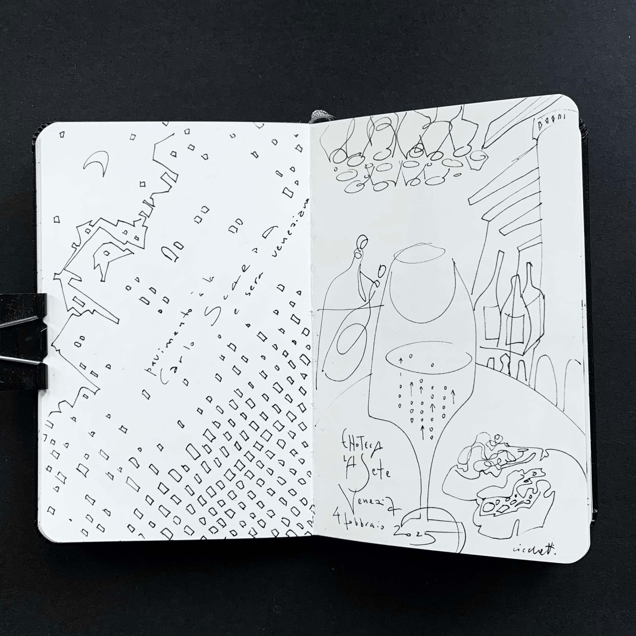 Moleskine notebook with original drawings made in Venice, works on paper developed as part of an artist’s editorial project. A black and white  pattern drawing inspired by Scarpa the architect.