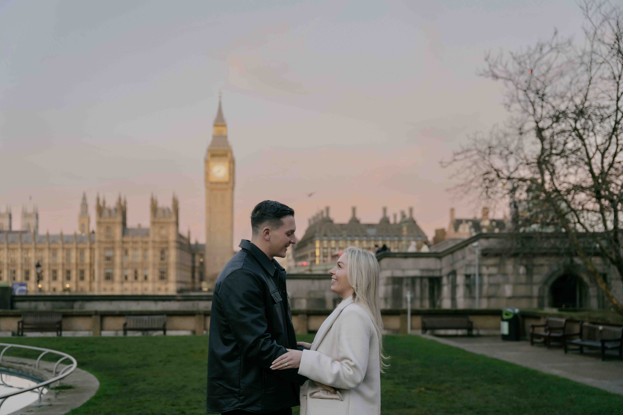Couple walking in Westminster London early morning before proposal