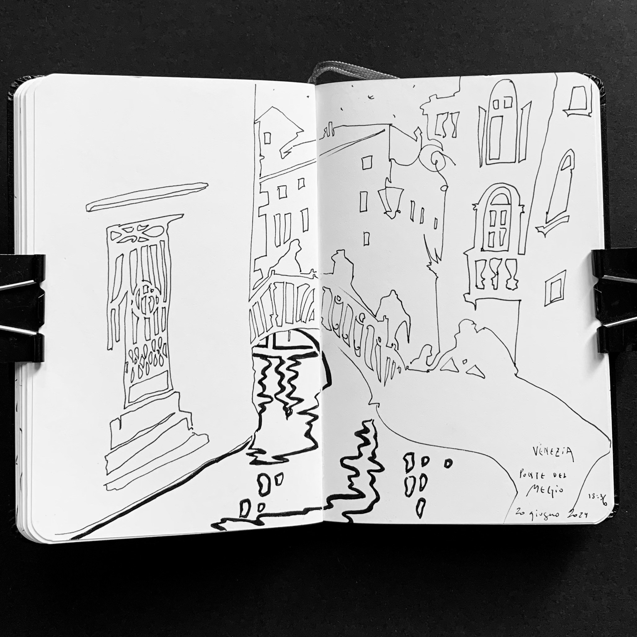 Moleskine notebook with hand-drawn sketches made in Venice, reflecting Nadia Kuprina’s daily drawing practice rooted in observation and visual research. A drawing of a Venetian canal with houses and reflections.