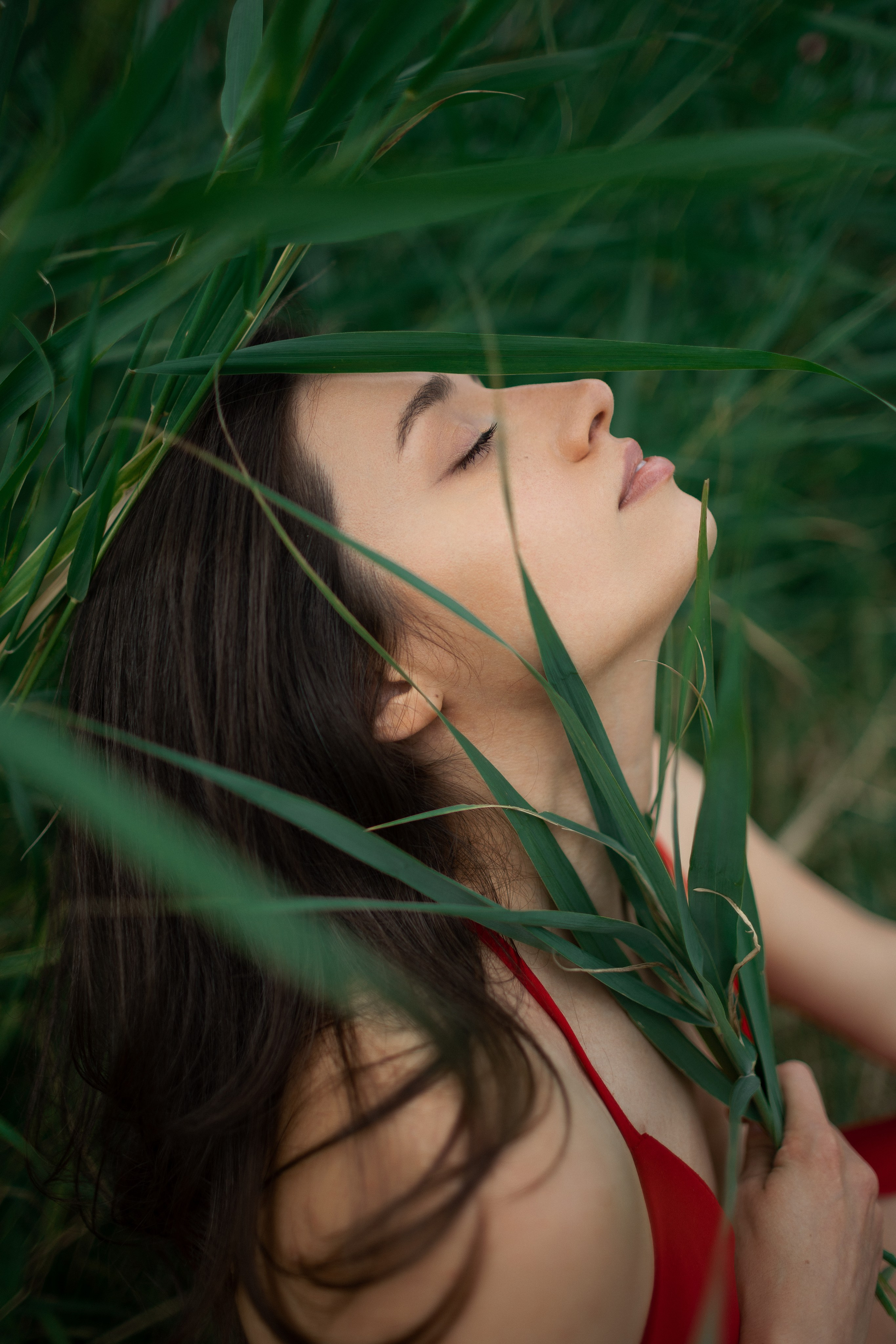 Frau im Profil zwischen hohen Gräsern bei einem Outdoor-Fotoshooting