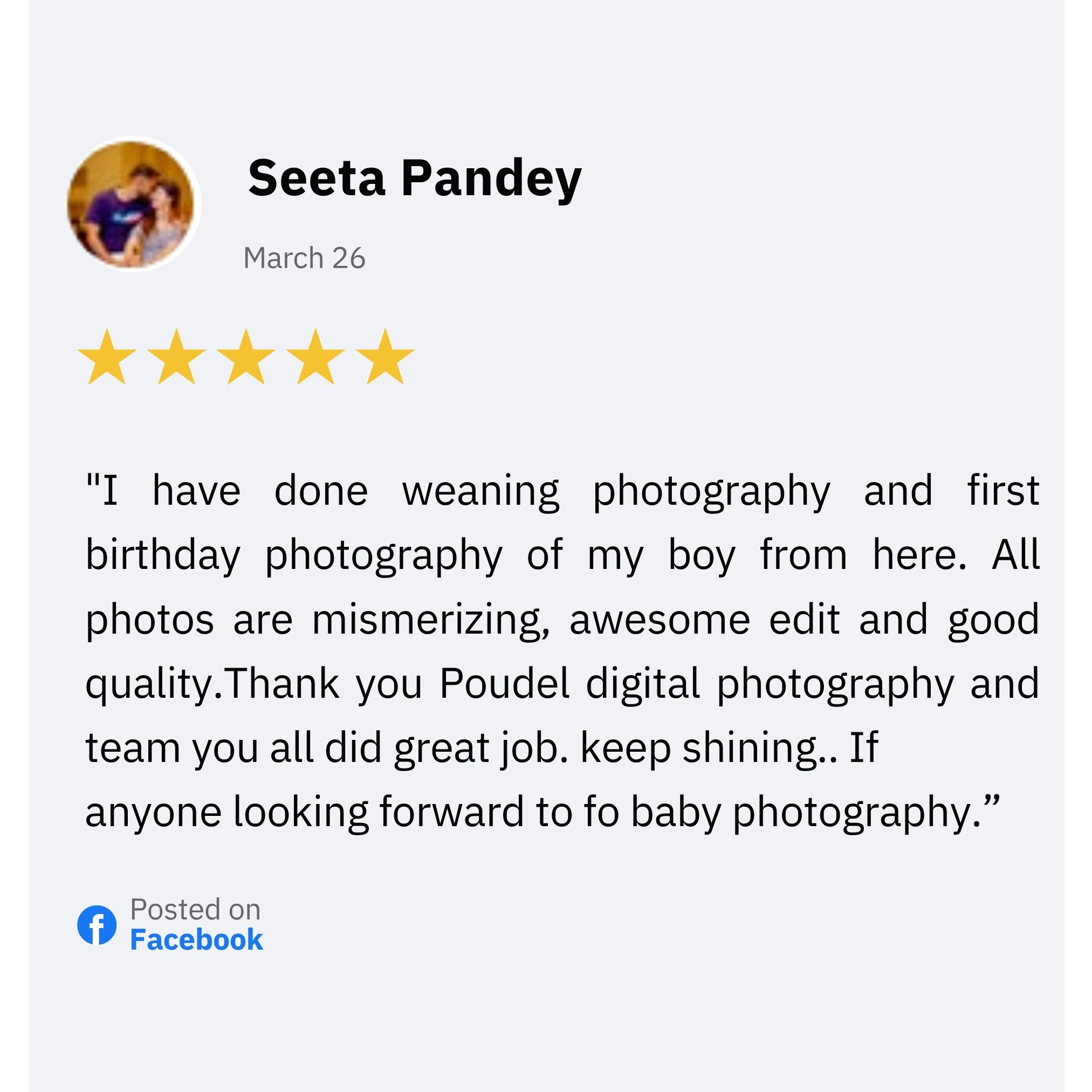 5 star Facebook review from Seeta Pandey for baby and birthday photography at Poudel Digital