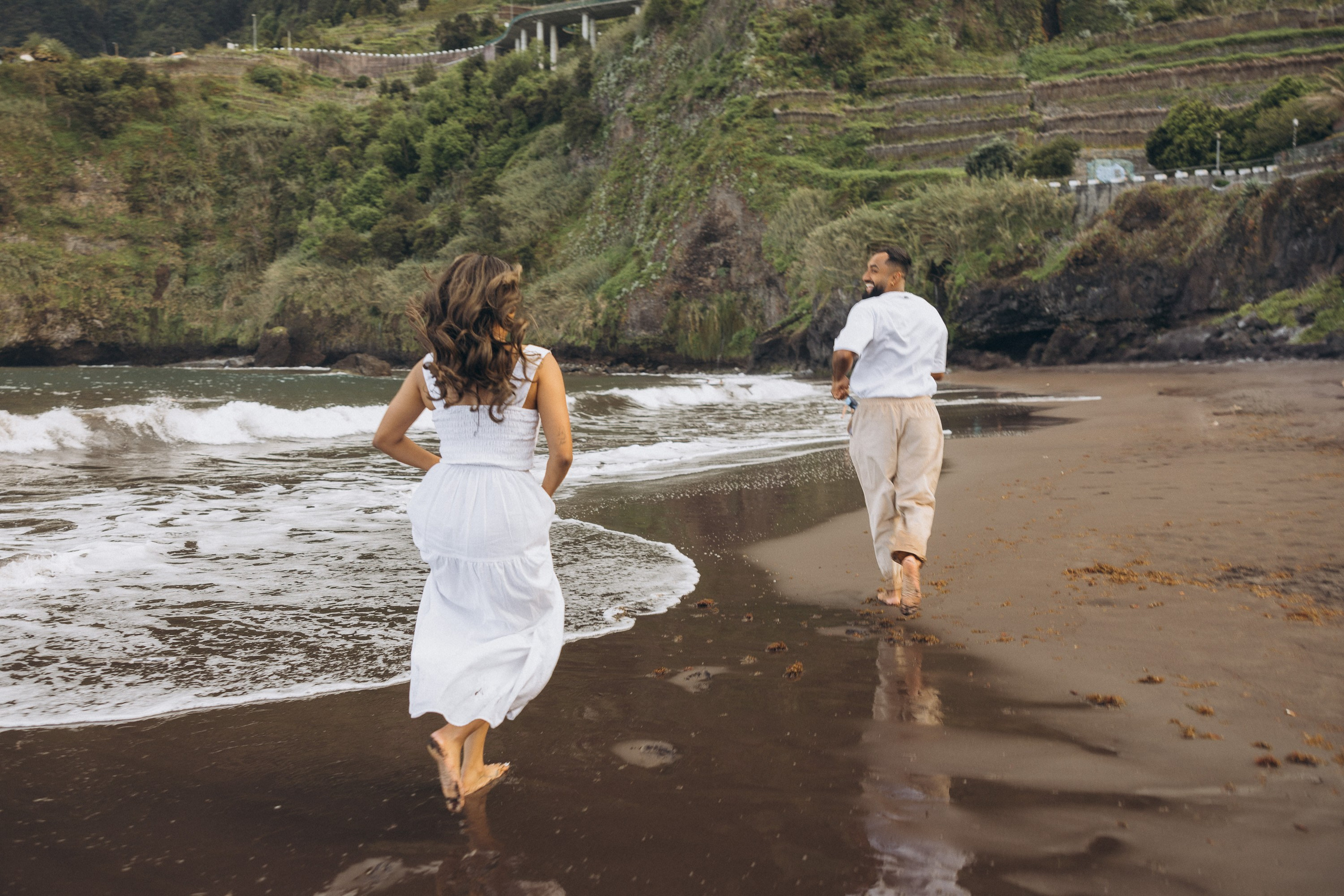 Proposal at Seixal Beach, Madeira – romantic engagement by the ocean, capturing intimate moments on the black sand shore