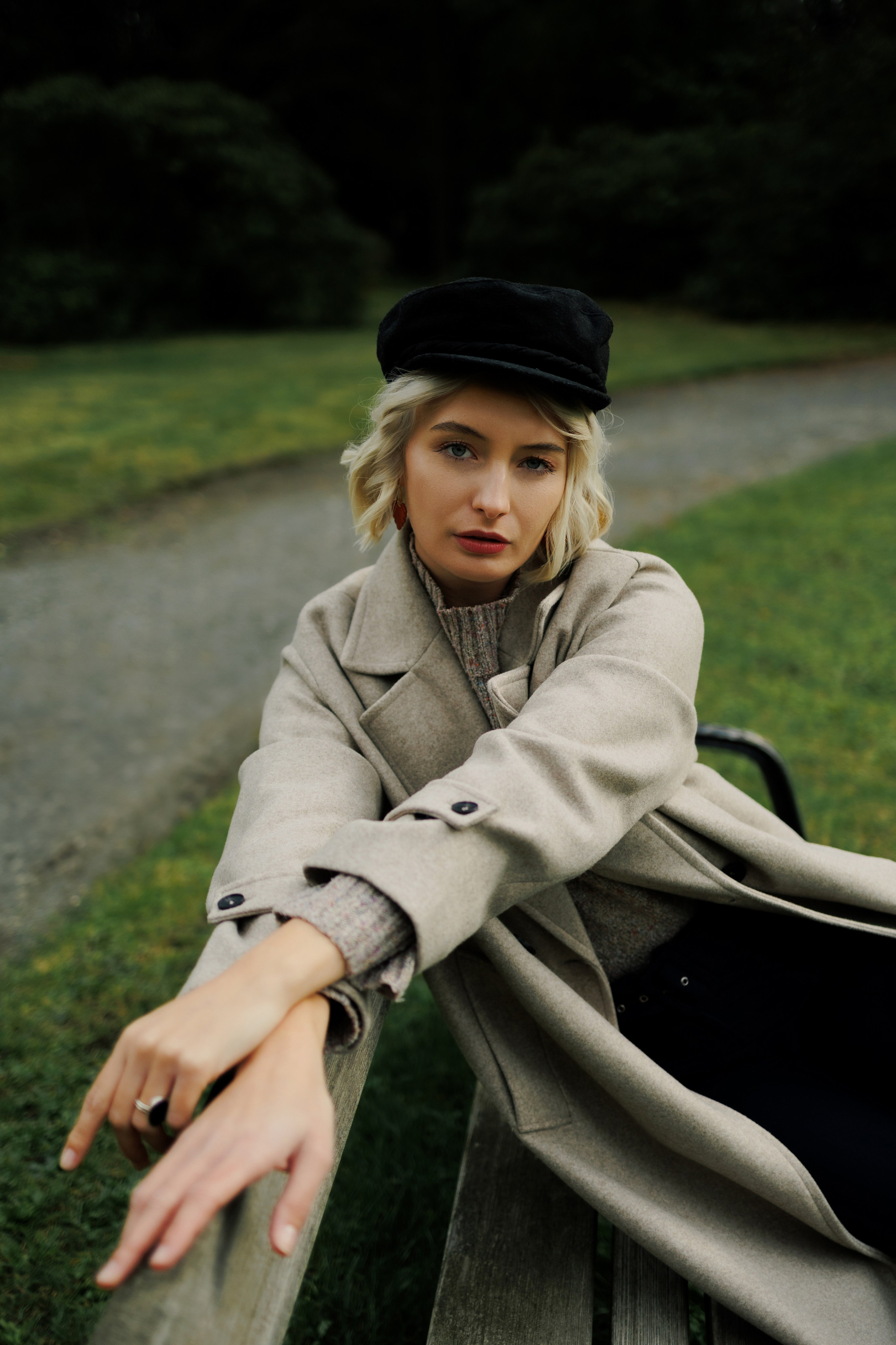 Autumn Portrait in the Park. Woman in Coat&Sweater. Cinematic&Emotional Photography by Kristina Kozheltsova. Kristina Kozheltsova- Soulful Portrait&Lifestyle&Love Story Photographer in Leipzig, Germany
