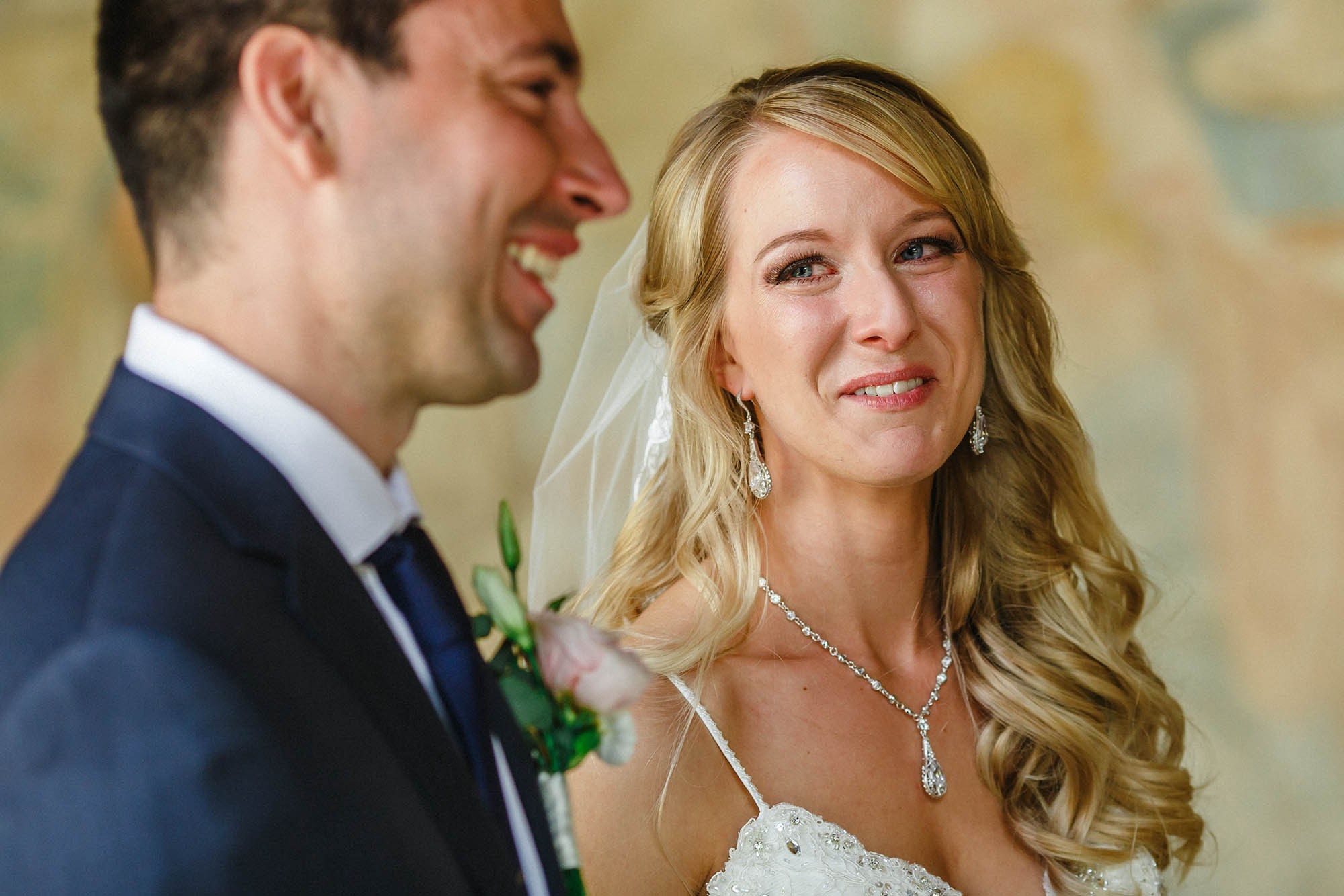 Bride cries as her groom says 'I do' during their Vrtba Garden wedding ceremony in Prague.