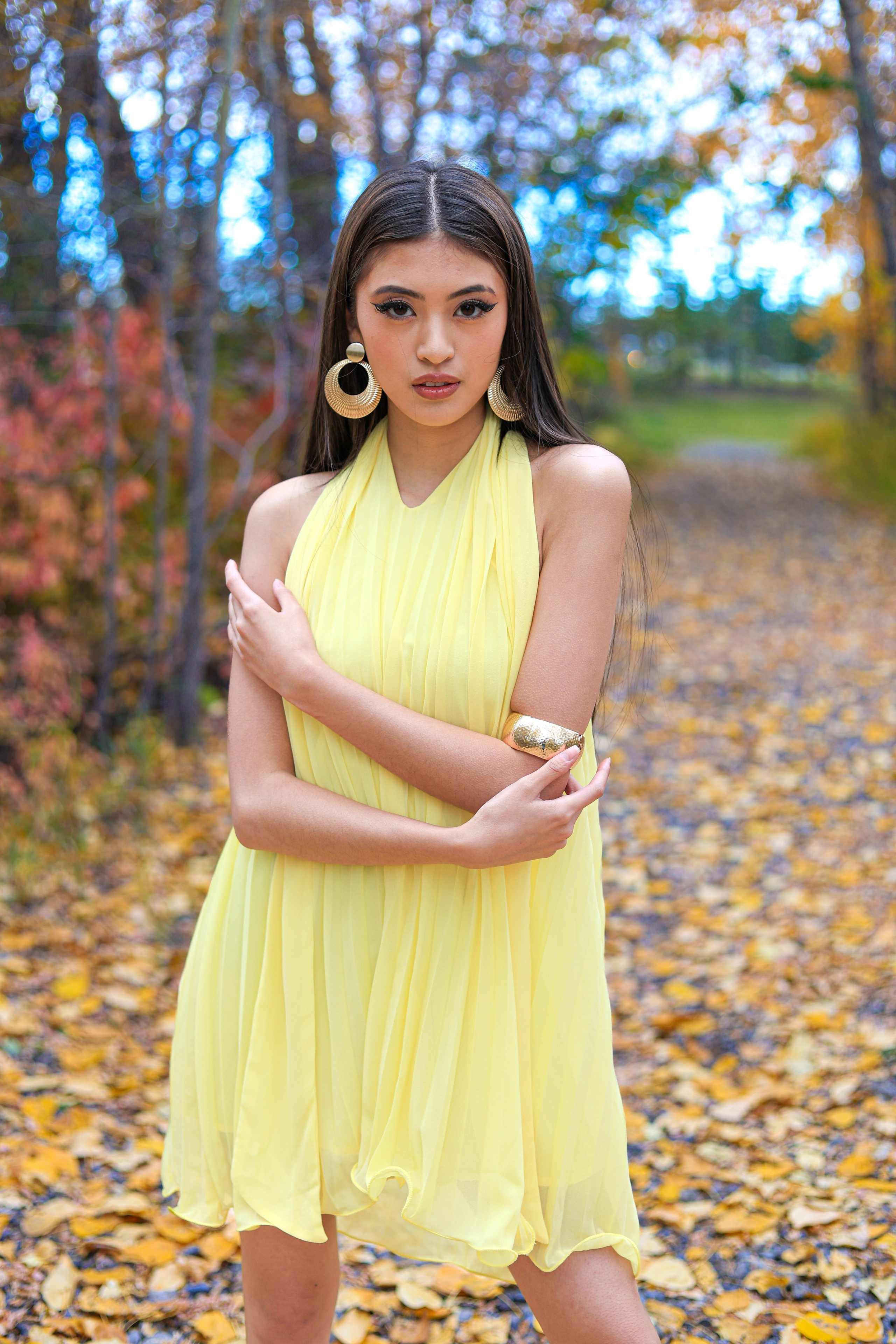 Golden Elegance: Lana Collantes’ Autumn Photoshoot in a Yellow Dress. ProFly.club — Professional aerial filming in Calgary