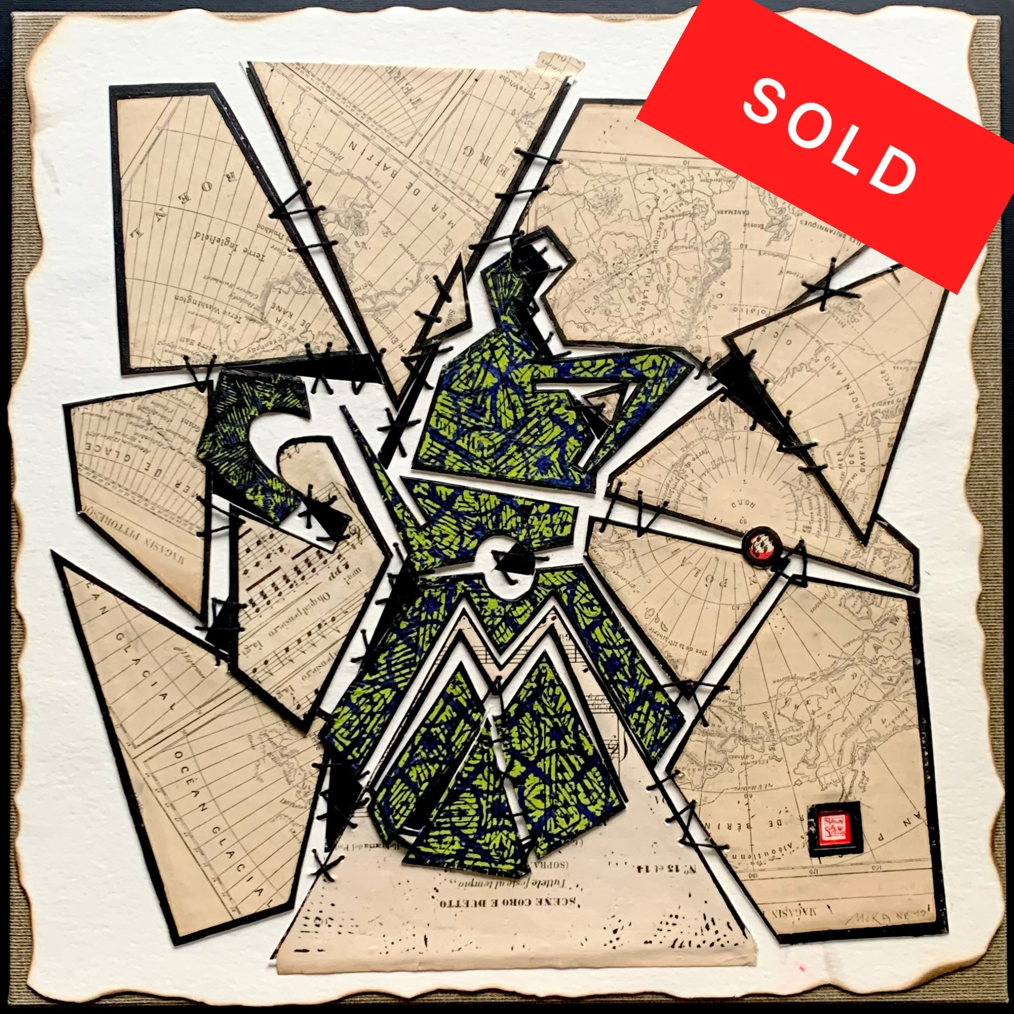 Collage, mixed media, moka, Italian coffee, design, paper, pattern, canvas, textile, sewing, music score, old paper, collection, linocut print, handmade, coffee, square, art collection, caffettiera, legend, sold