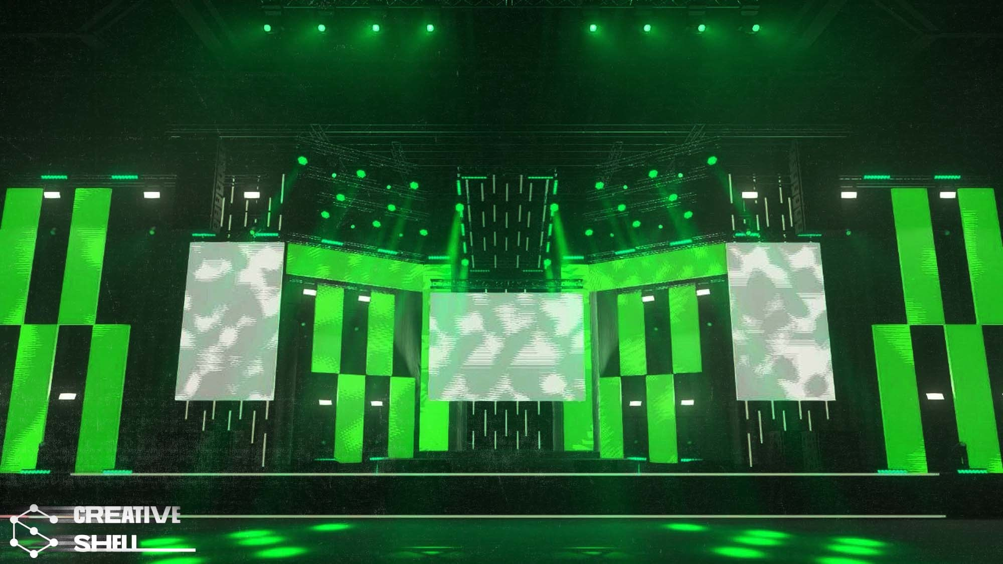 3D-рендер мероприятия с интегрированным оборудованием Creative shell, включая сцены, световые приборы и экраны, для полного представления будущего дизайна.