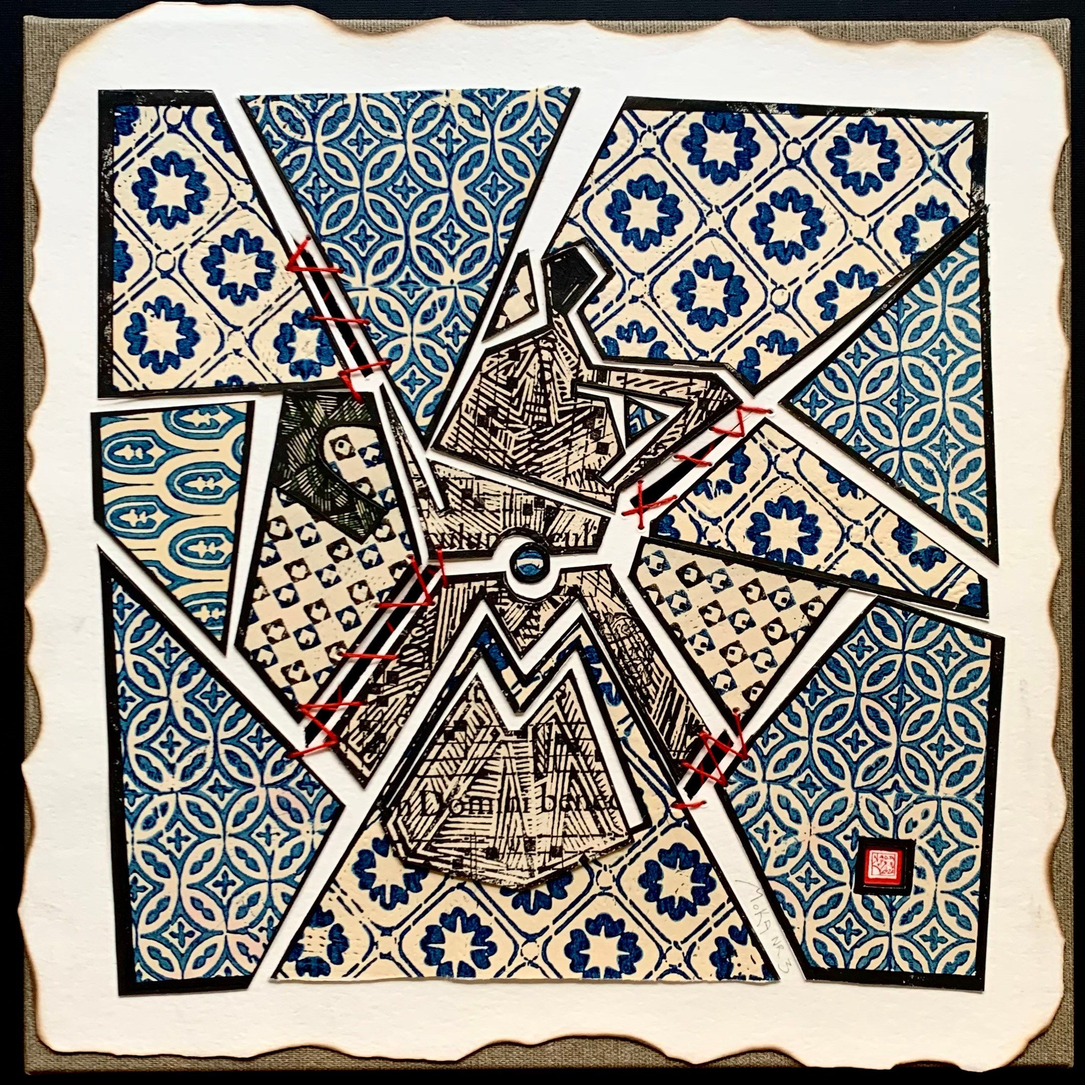 moka collage artwork square canvas dancing paper futurist series collection blue pattern collection, linocut print, handmade, coffee, square, art collection, caffettiera, legend