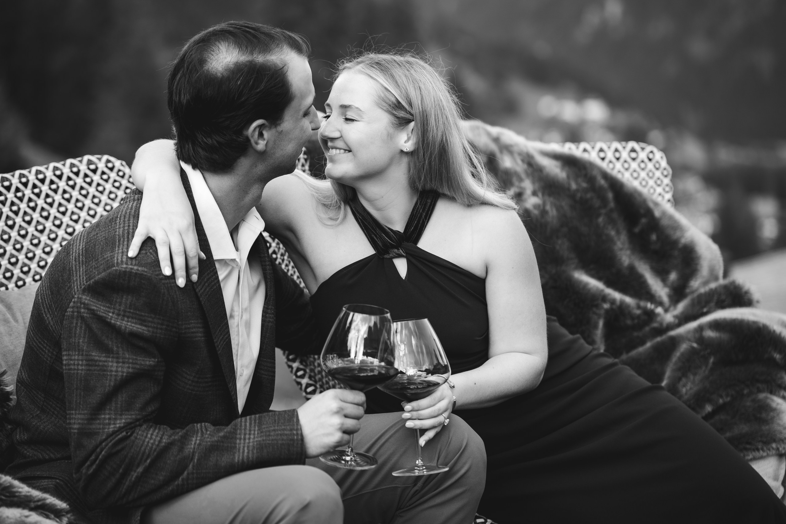 An intimate embrace after a marriage proposal in Colfosco, Alta Badia.