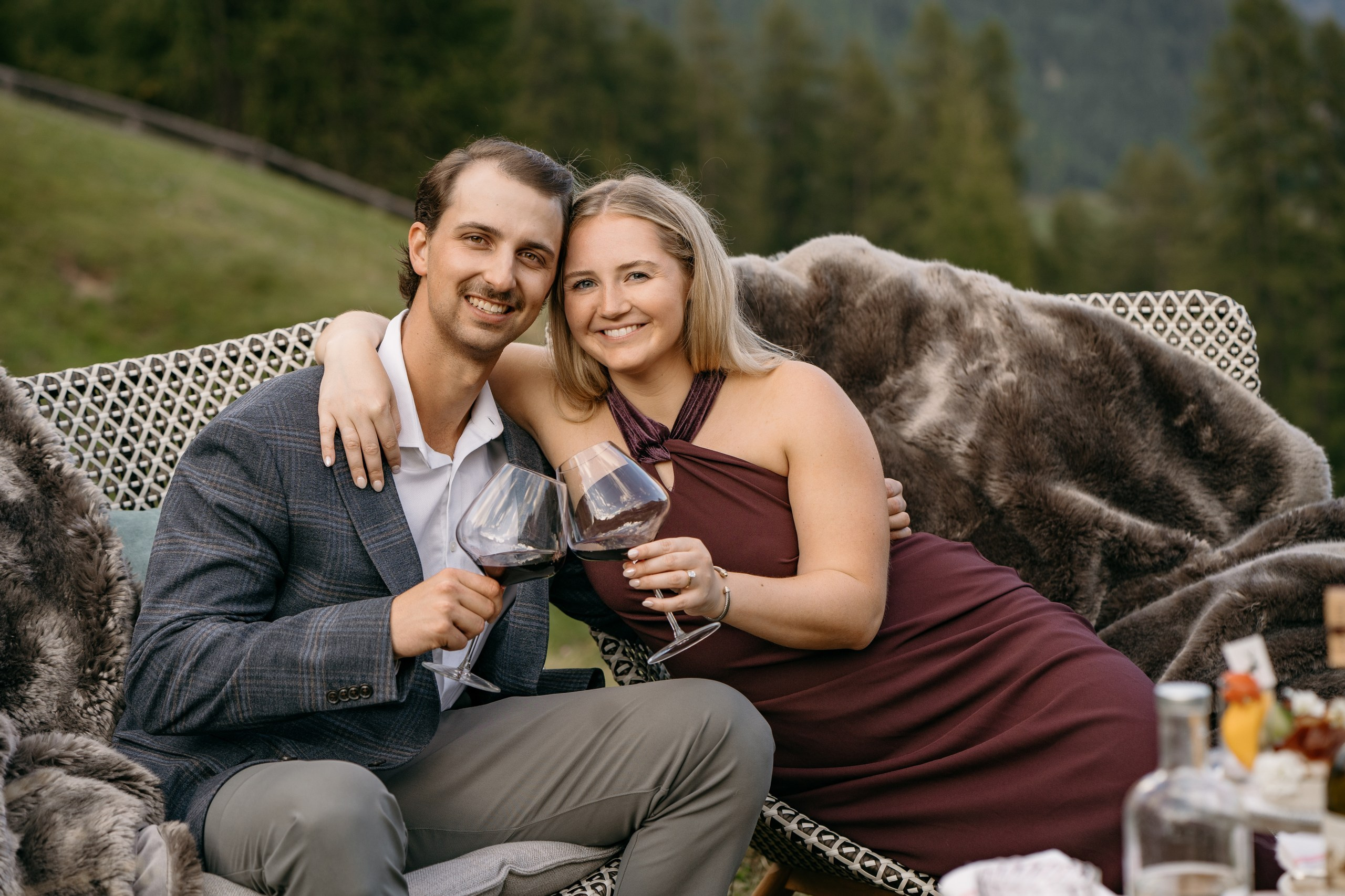 A quiet, romantic moment at Kolfuschgerhof Mountain Resort with views of the Colfosco mountains.