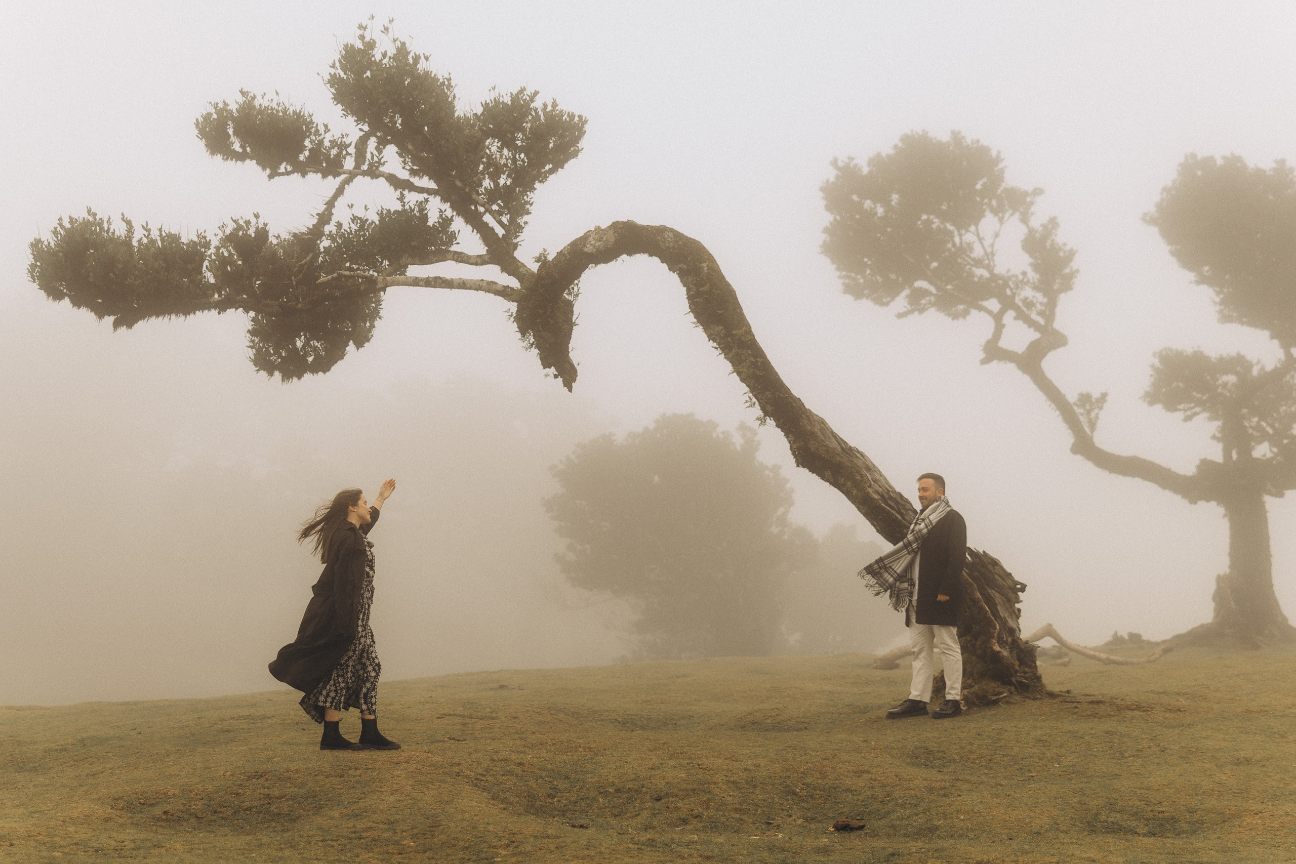 Couple photoshoot in Fanal Forest Madeira PortugalA romantic couple standing amidst the ancient laurel trees of Fanal Forest, Madeira, surrounded by a mystical fog that adds an ethereal touch to the scene