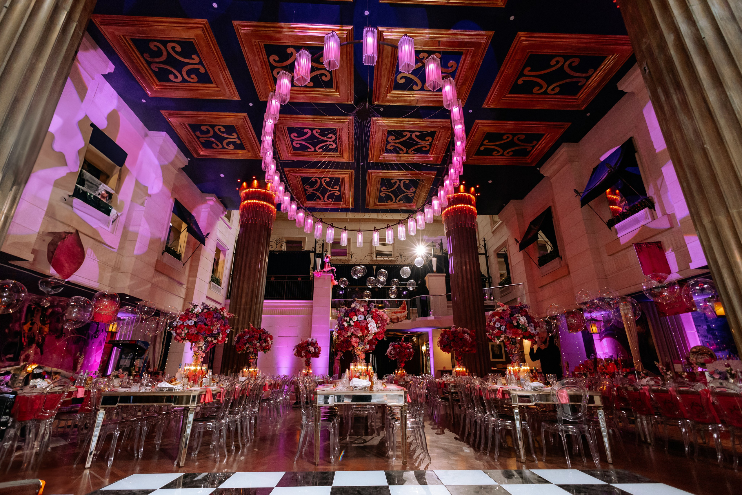 Bar Mitzvah decorations with balloons, banners, and table settings. Elegant and festive decor for Bat Mitzvah celebrations. Themed event styling with centerpieces and lighting. Custom signage and personalized touches for Bar and Bat Mitzvah. Party decor with attention to detail and vibrant atmosphere.