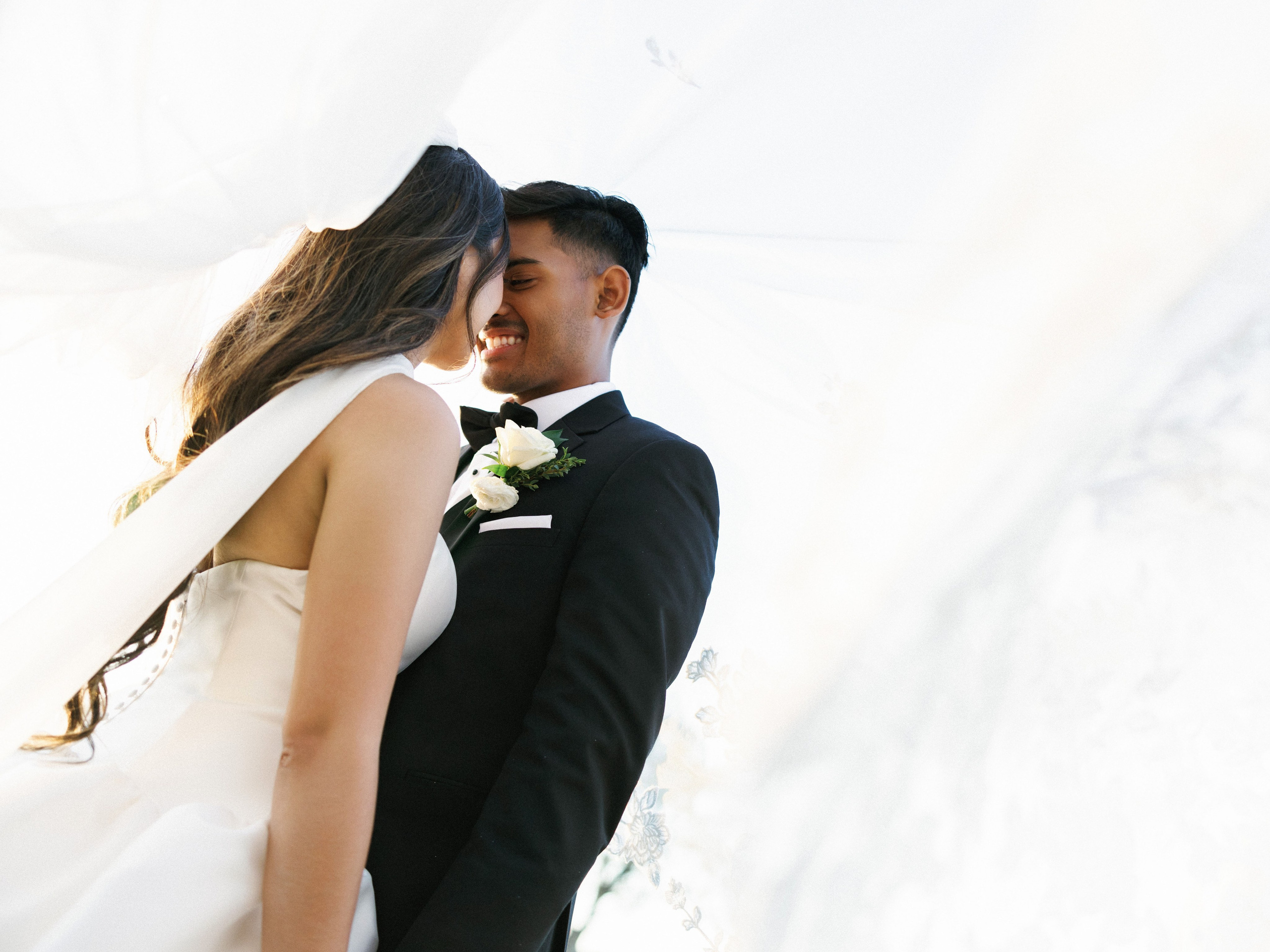 Bride and groom embracing beneath a flowing veil
