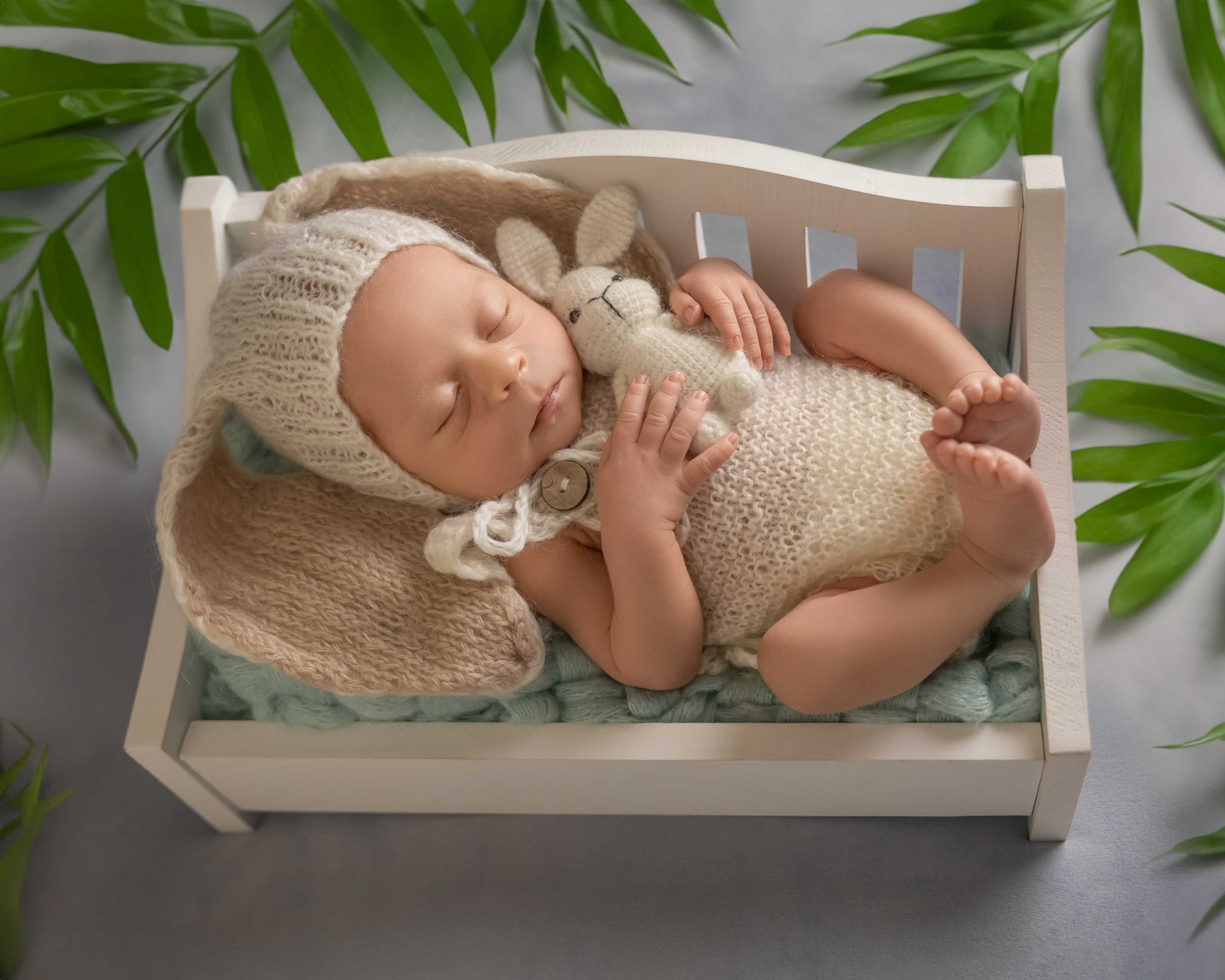 white bunny in the white bed