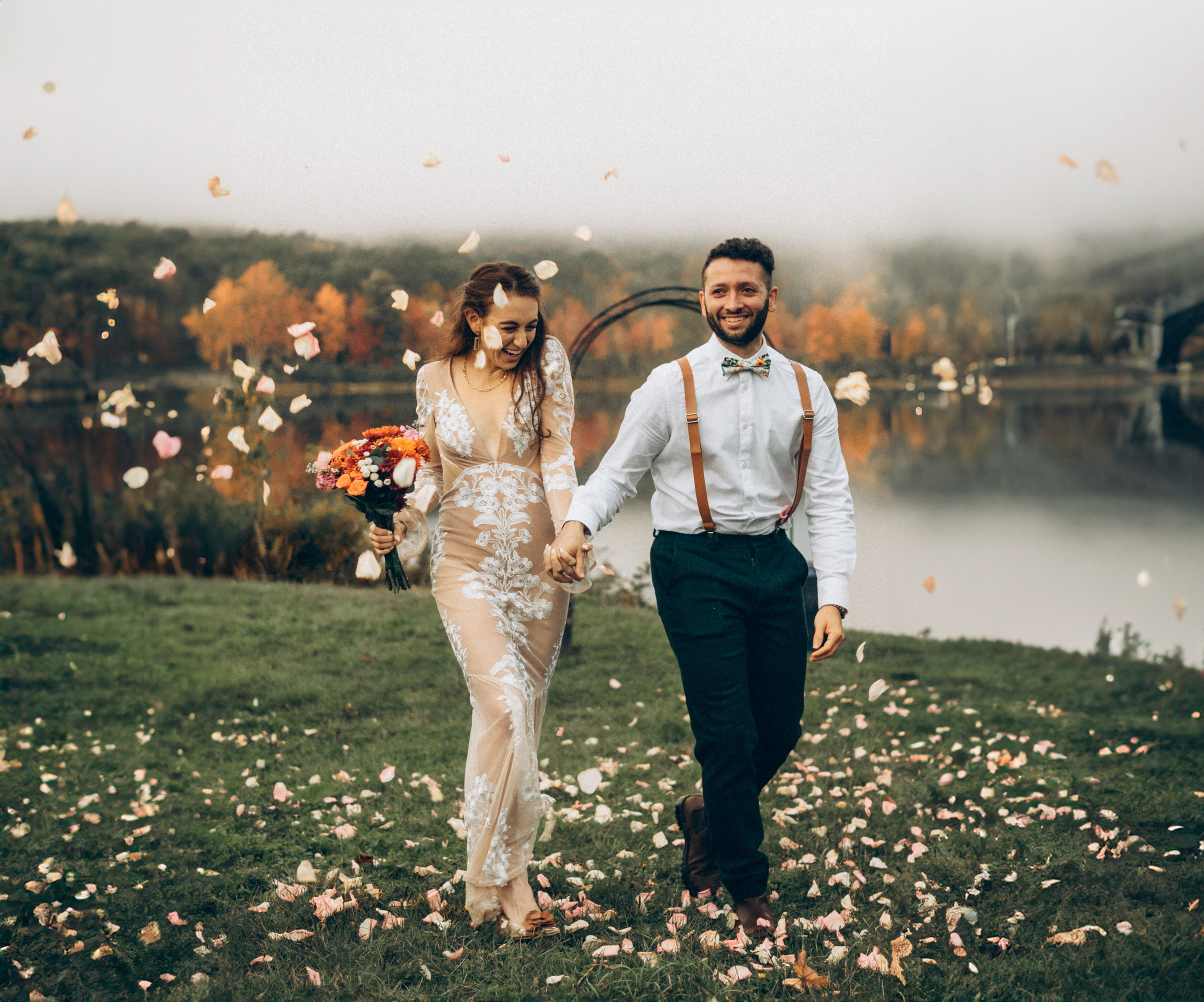 Modern wedding photography with natural light during outdoor ceremony at Catskills New York