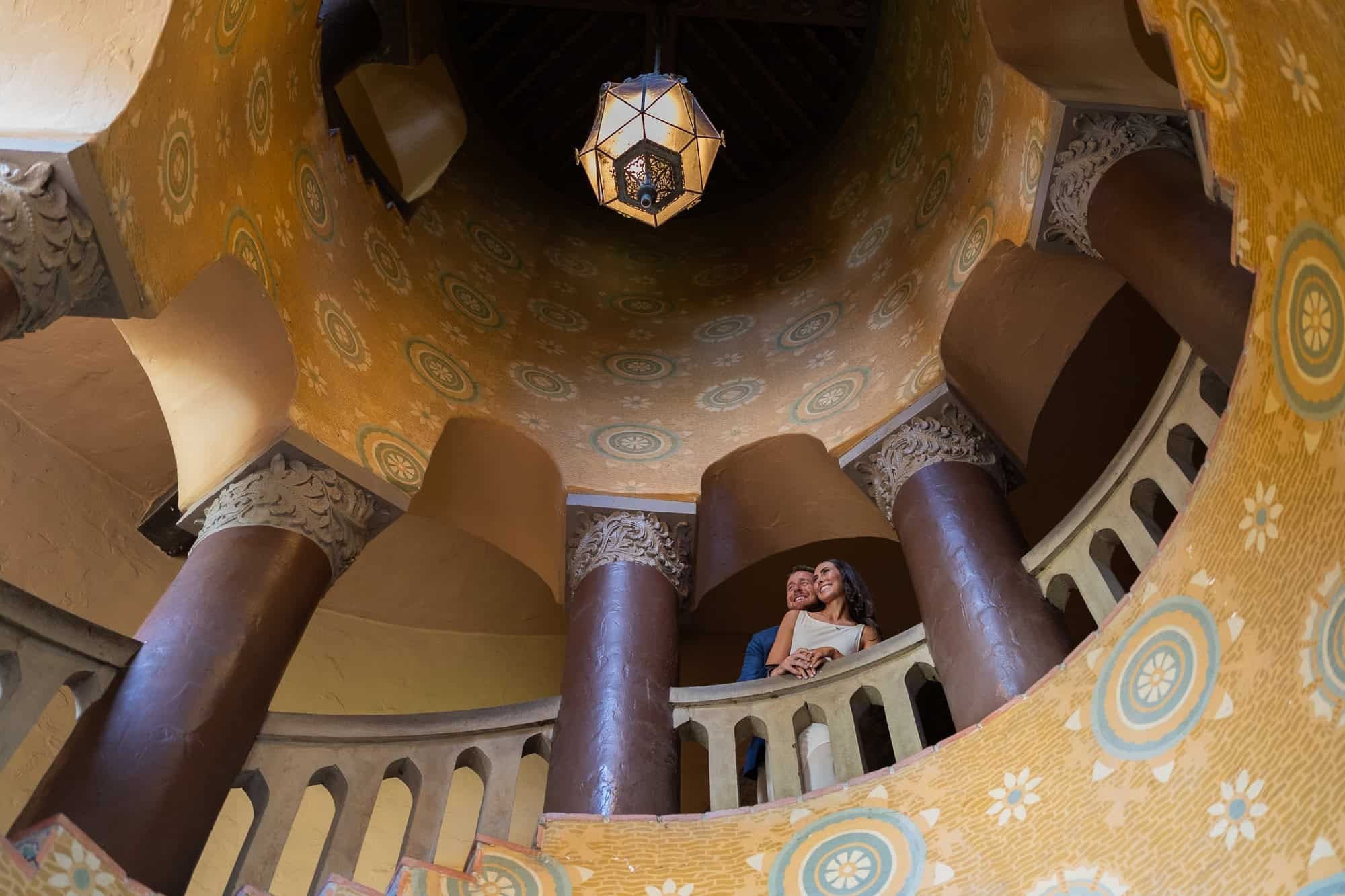Dramatic upward view of Santa Barbara Courthouse rotunda ceiling