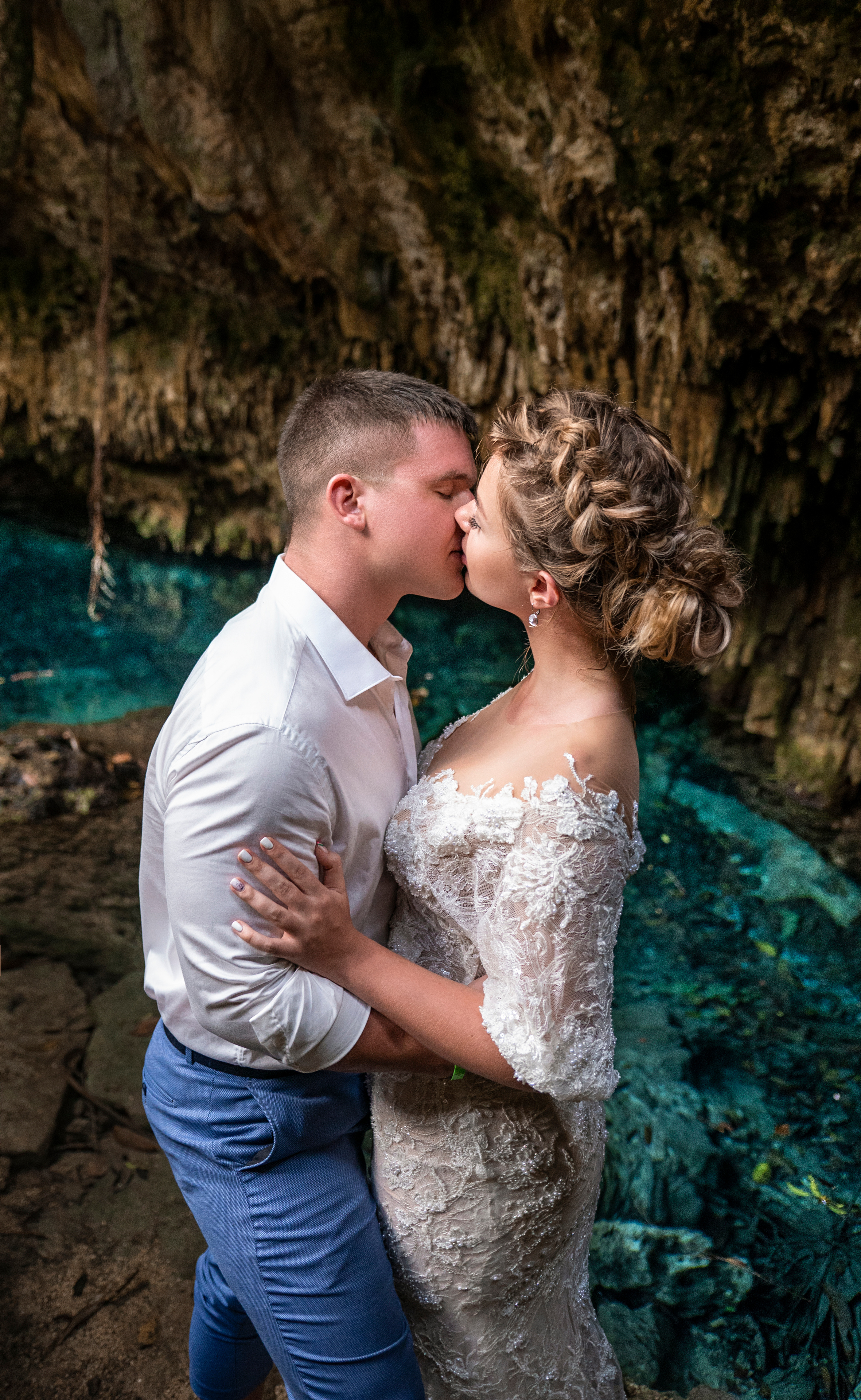 Bride and groom exploring exotic wedding location