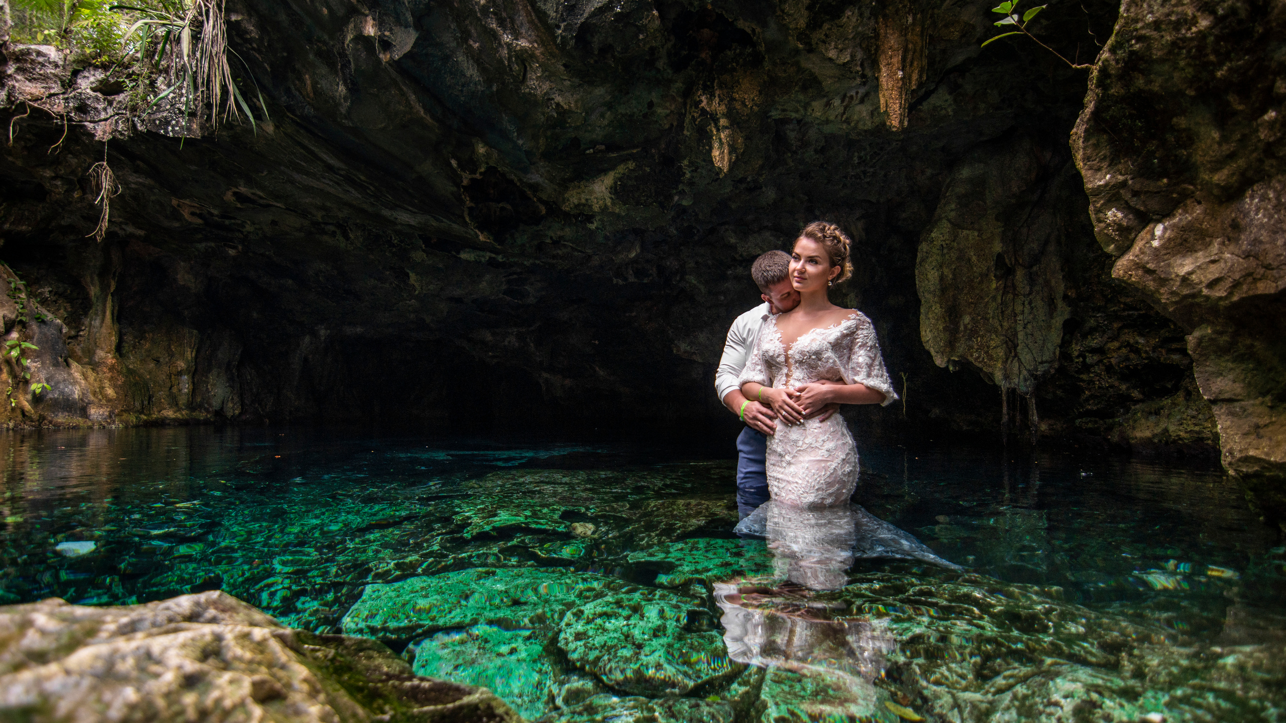 Dreamy moment captured during jungle cenote engagement