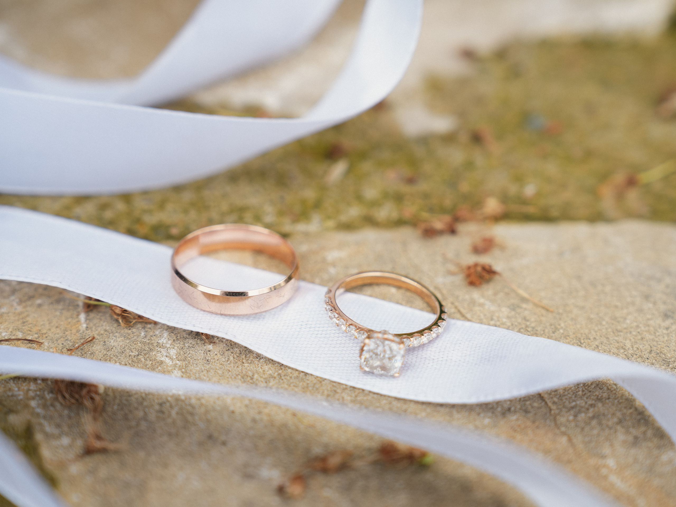 Close-up of wedding rings in soft light