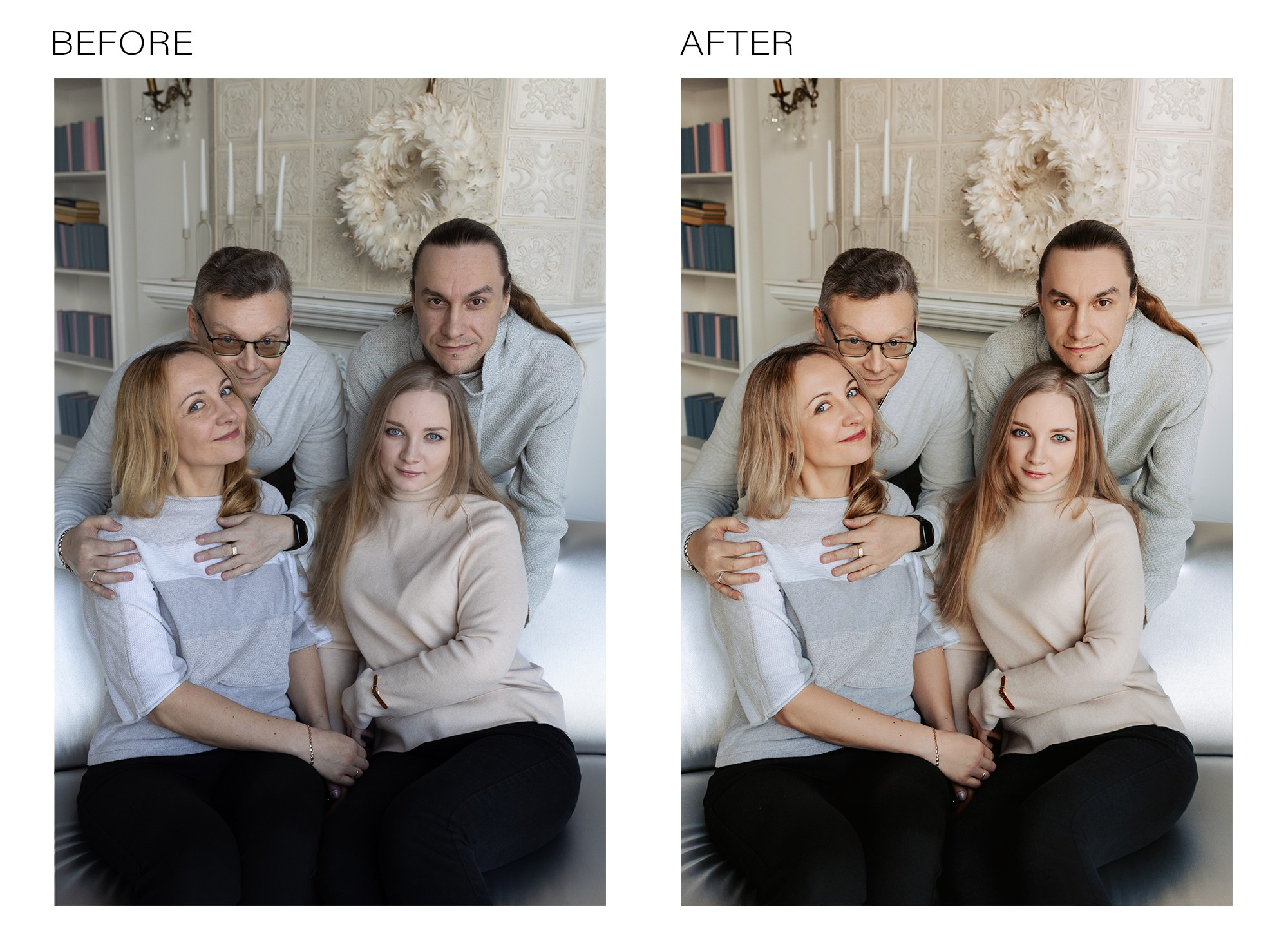 Family portrait professionally retouched by worldwide retoucher, natural skin tones and vibrant color. sCandid family moments edited by professional photo retoucher, worldwide services. Enhanced family photo with natural light and color correction by expert retoucher. Group family portrait retouched for clarity, color, and emotion, professional worldwide editing